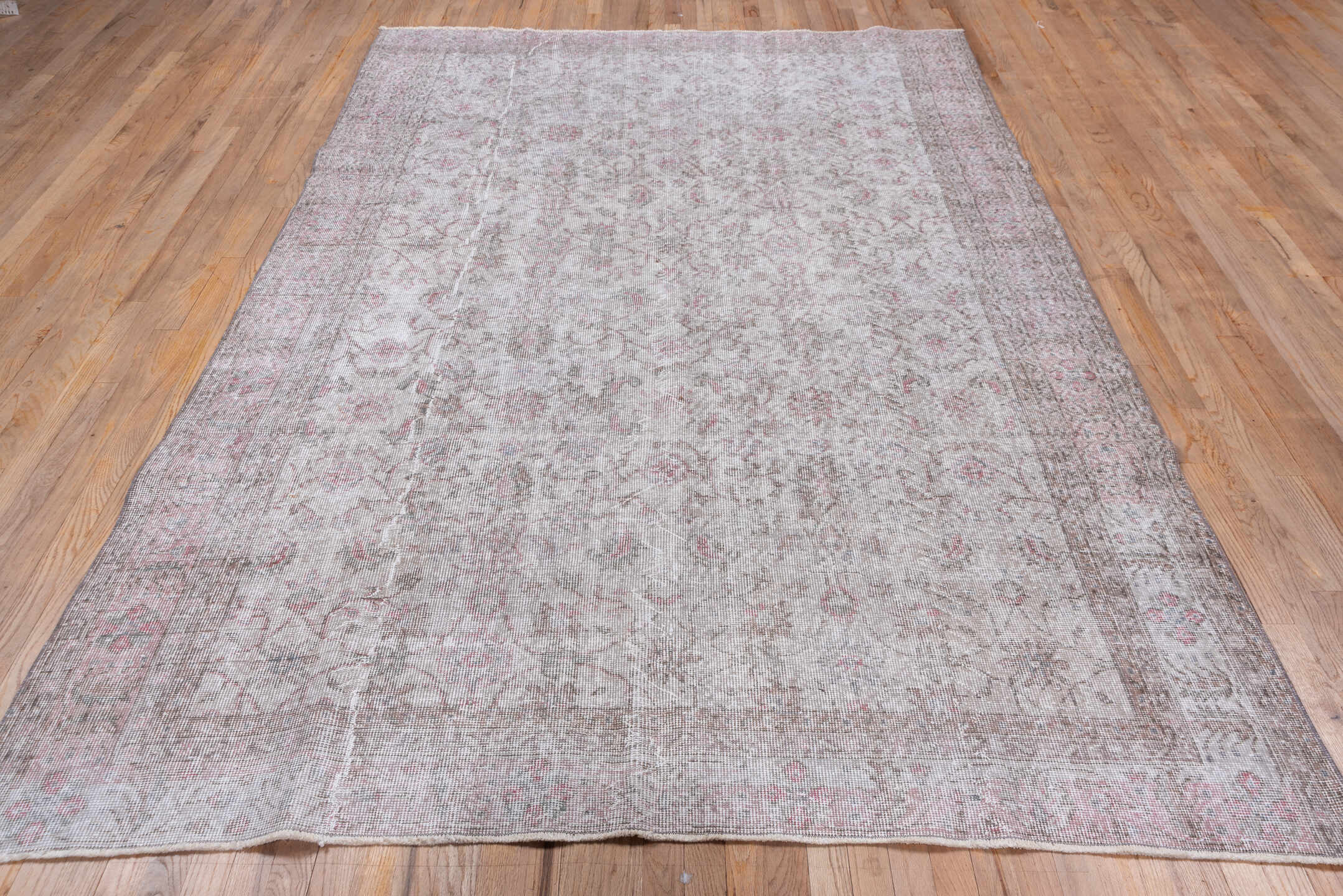 6' x 9' one-of-a-kind handmade antique Overdyed medium size rug. Color palette: ivory, blush, taupe, rose, beige, pewter