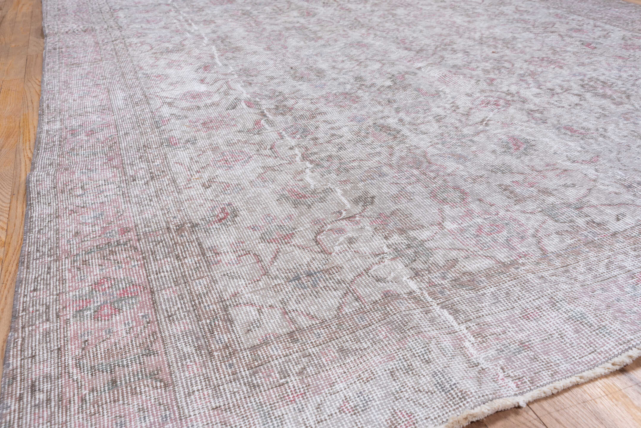 6' x 9' one-of-a-kind handmade antique Overdyed medium size rug. Color palette: ivory, blush, taupe, rose, beige, pewter