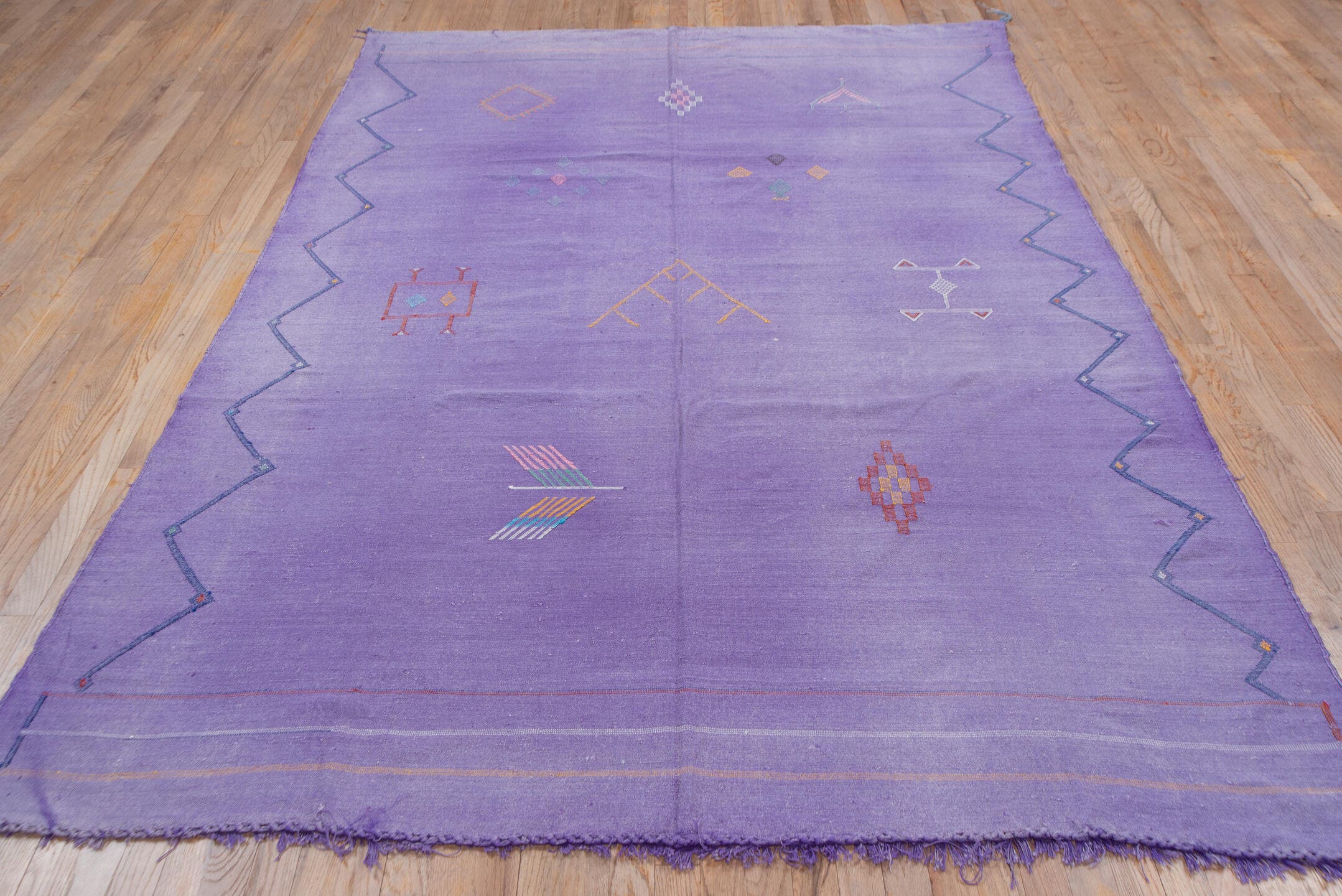 6' x 9' one-of-a-kind handmade vintage Cactus Kilim medium size rug. Color palette: violet, lavender, indigo, rose, saffron