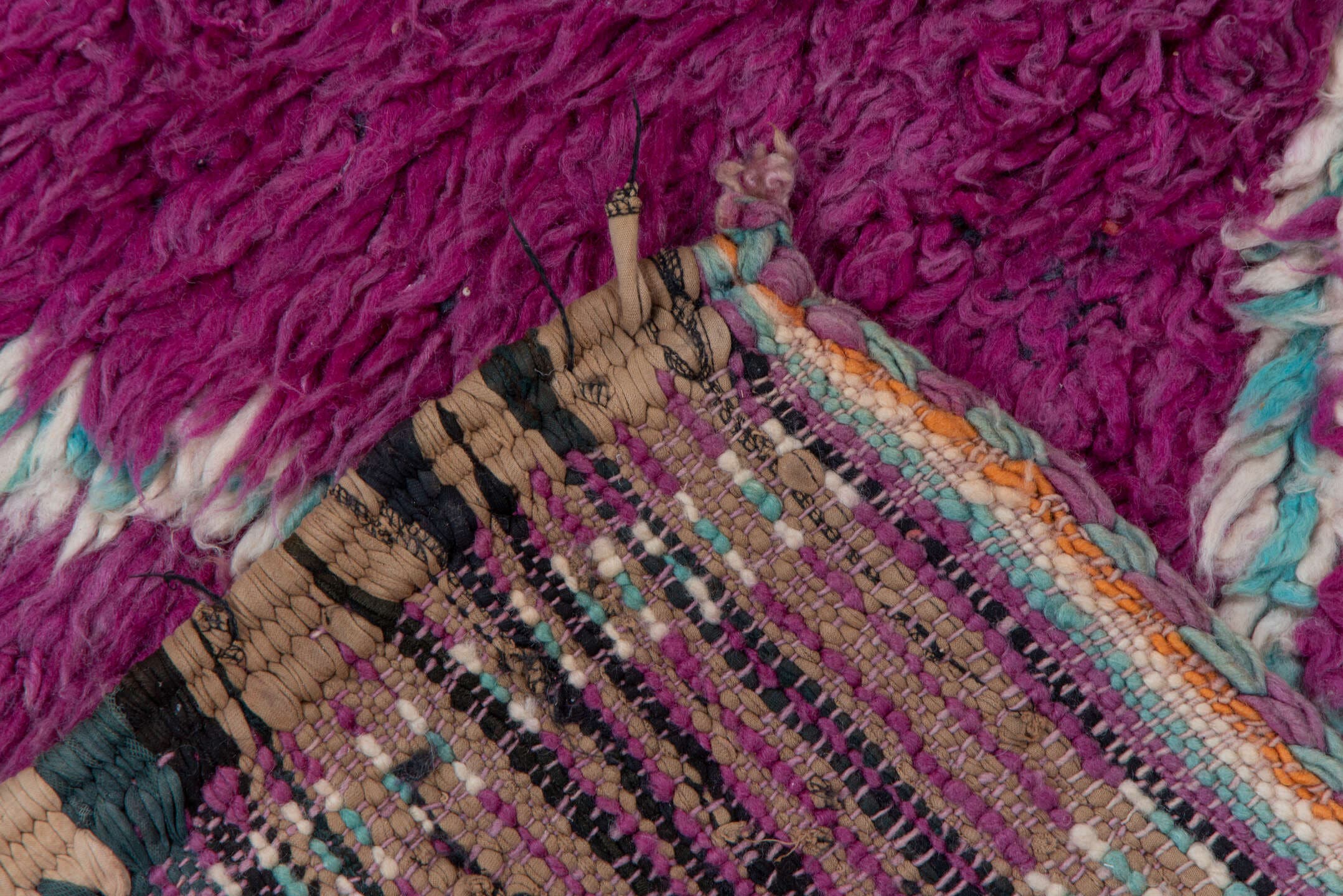 5' x 8' one-of-a-kind handmade vintage Moroccan medium size rug. Color palette: magenta, ivory, aqua, plum, rose, pink, teal