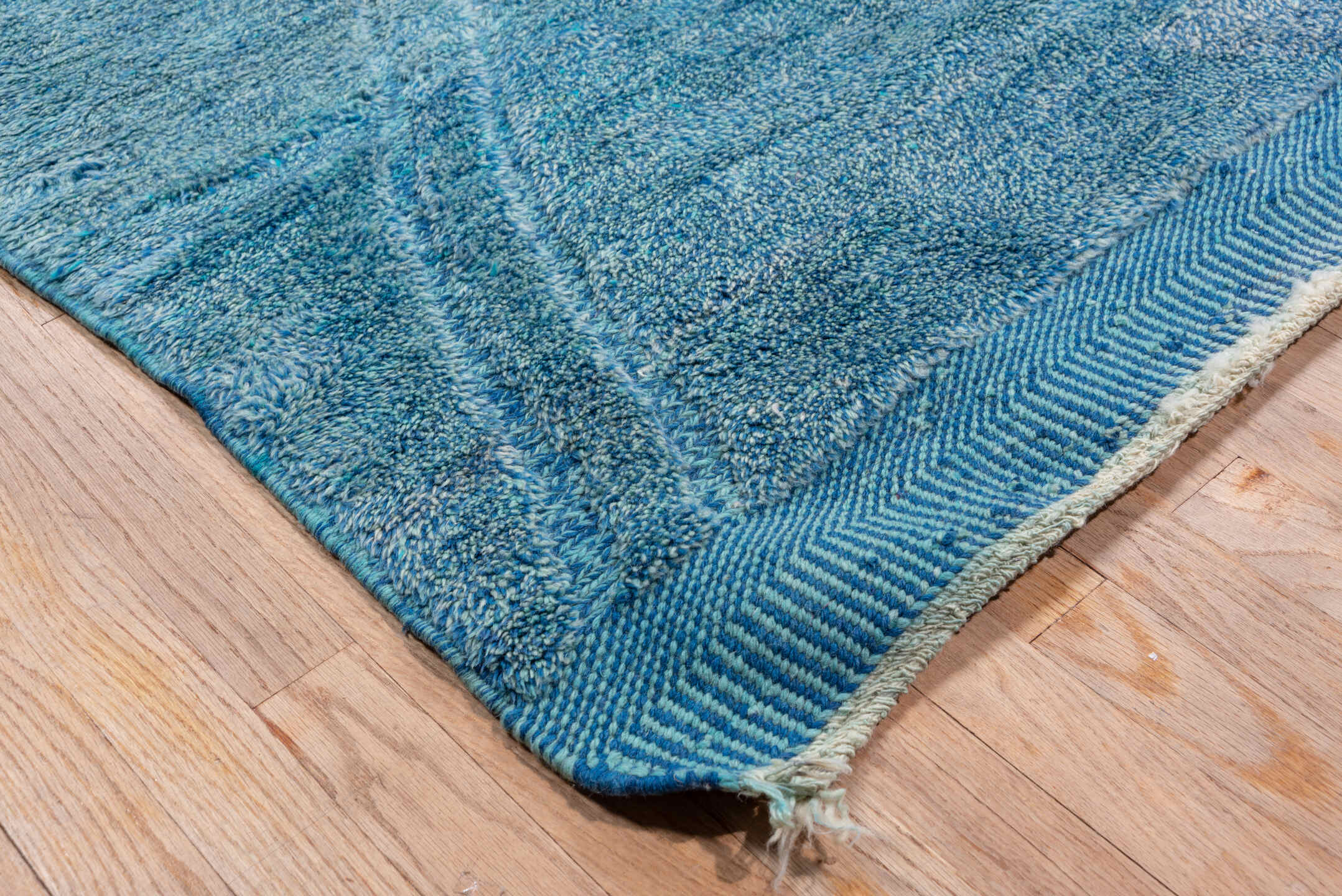 10' x 13' one-of-a-kind handmade vintage Moroccan large size rug. Color palette: arapawa, blue, dark gray, gray, light blue