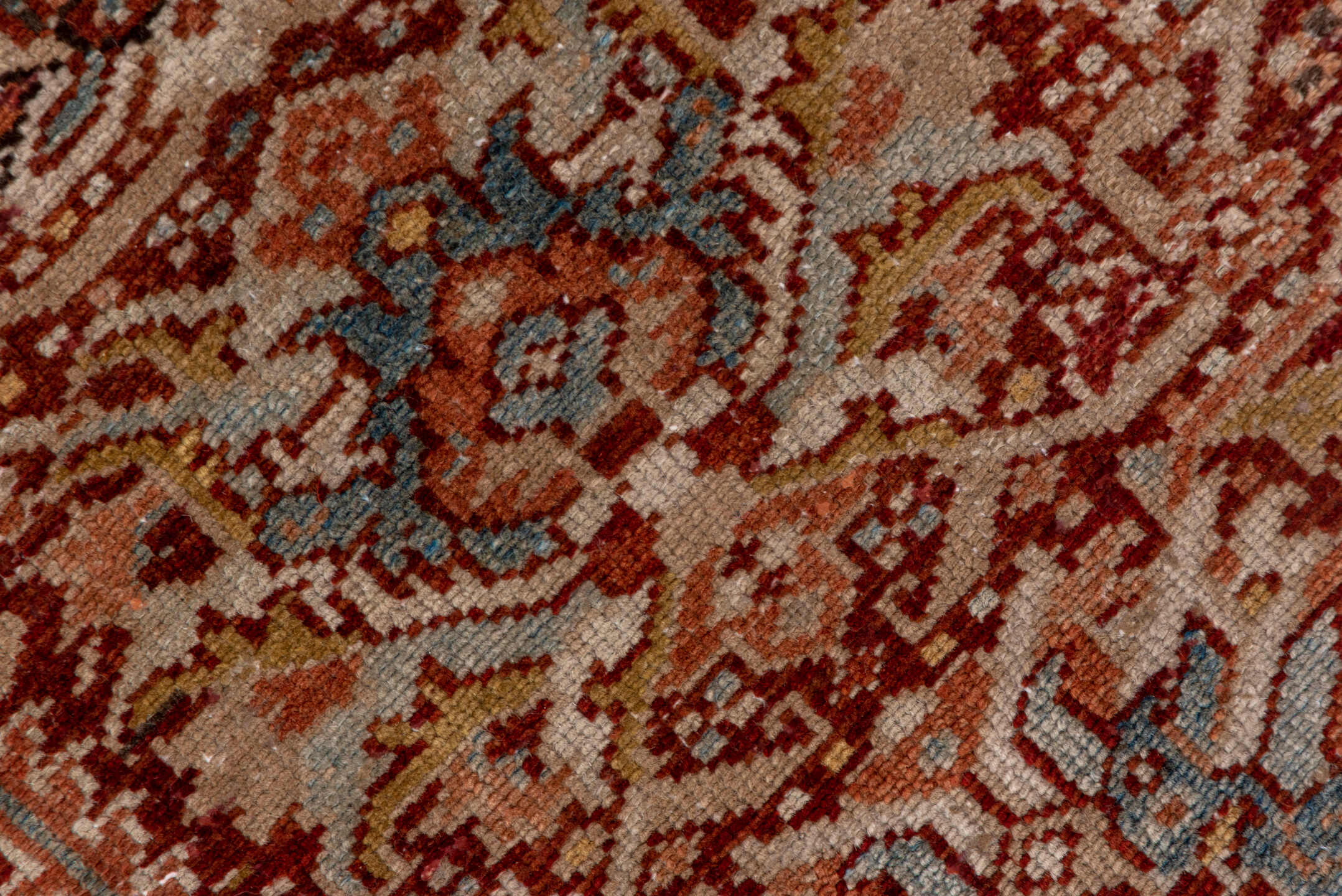 3' x 11' one-of-a-kind handmade antique Karaje runner rug. Color palette: rust, ivory, terra cotta, camel, brown, slate blue