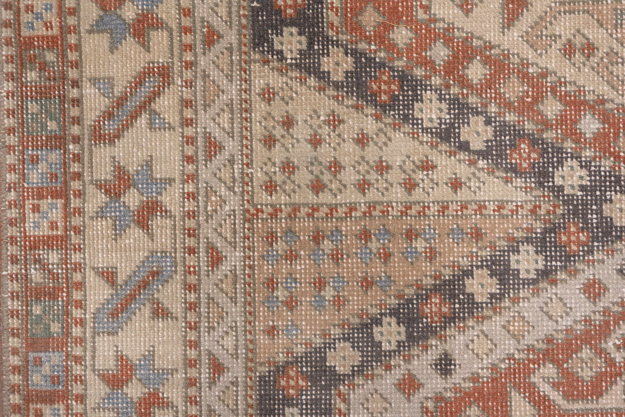 6' x 8' one-of-a-kind handmade antique Sparta medium size rug. Color palette: ivory, rust, brown, slate, taupe, charcoal