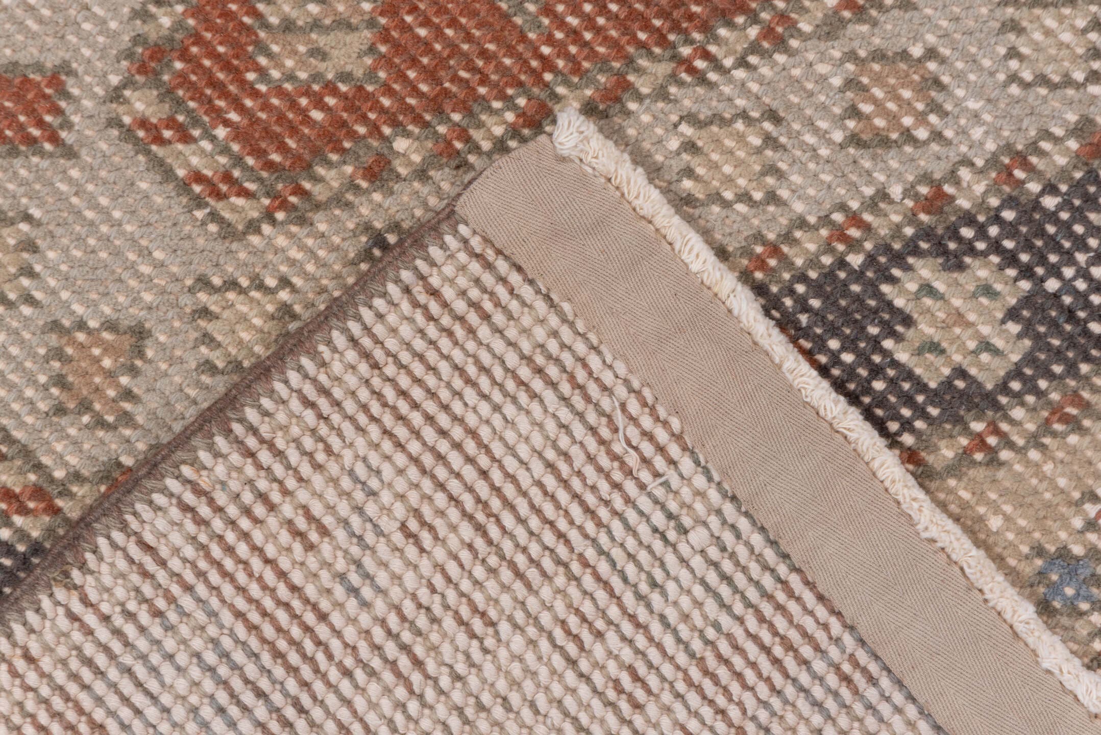 6' x 8' one-of-a-kind handmade antique Sparta medium size rug. Color palette: ivory, rust, brown, slate, taupe, charcoal