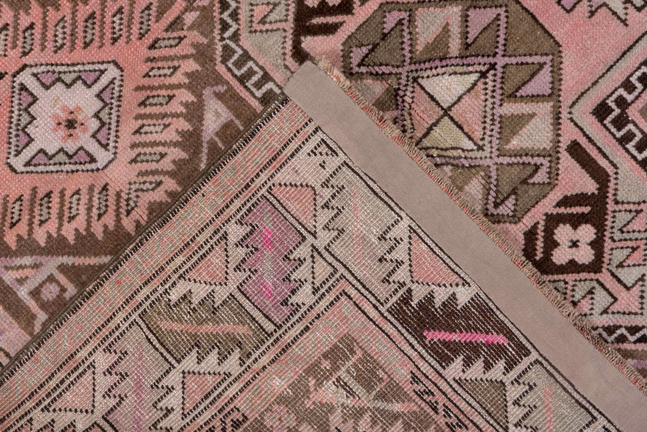 4' x 7' one-of-a-kind handmade vintage Karabagh rug. Color palette: brown, gray, pink, red, redwood