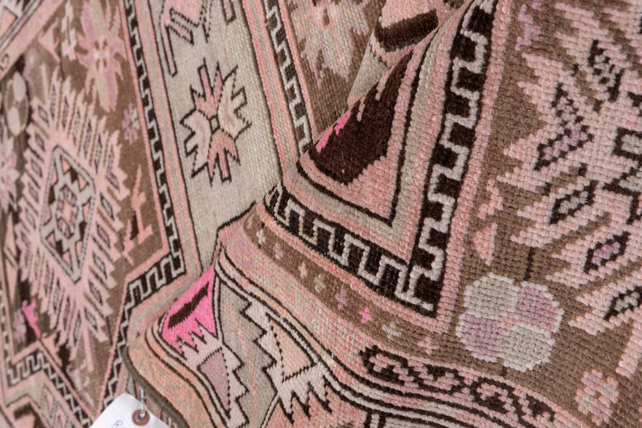 4' x 7' one-of-a-kind handmade antique Karabagh rug. Color palette: taupe, blush, brown, ivory, pink, charcoal, beige, gray