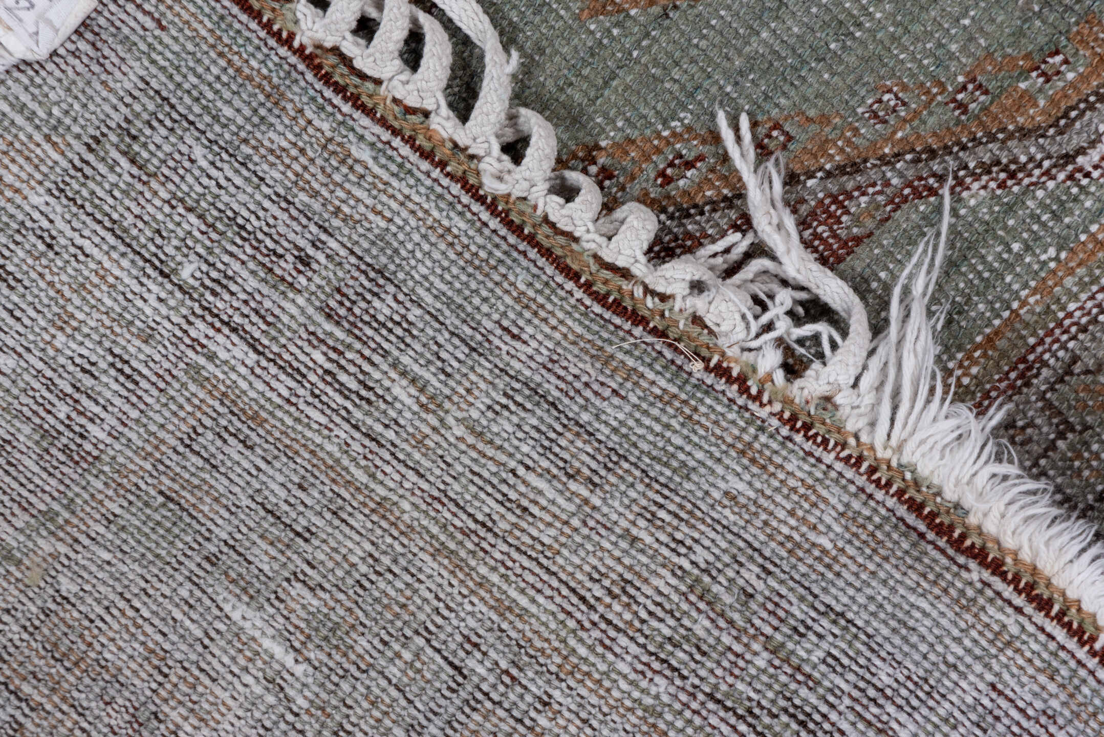 4' x 8' one-of-a-kind handmade vintage Trans Caucasian rug. Color palette: brown, dim gray, gray, light gray, off-white