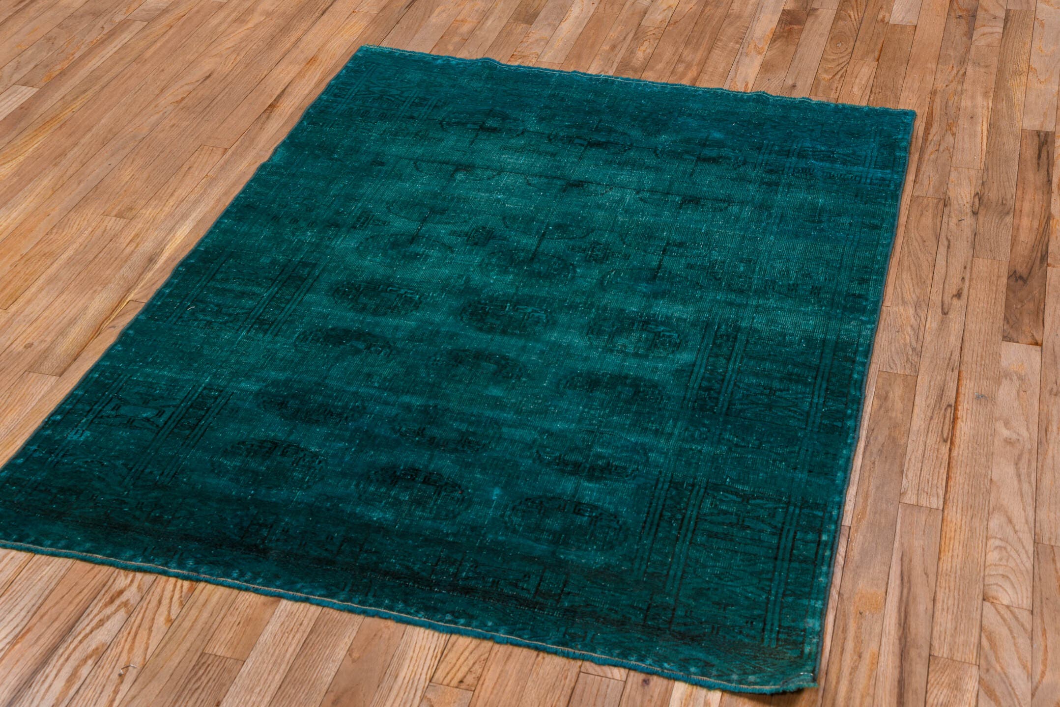 3' x 5' one-of-a-kind handmade antique Overdyed small size rug. Color palette: teal, peacock, charcoal, gray, black