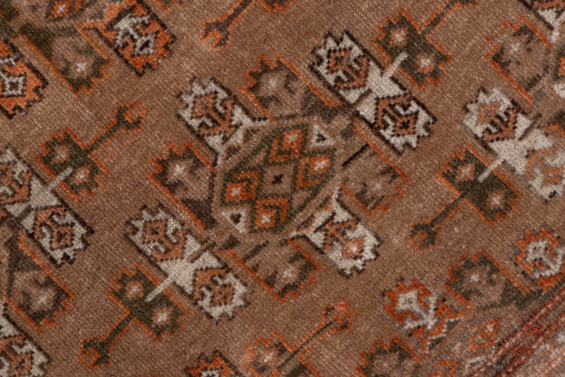 4' x 6' one-of-a-kind handmade antique Torkaman small size rug. Color palette: camel, brown, rust, ivory, taupe, beige