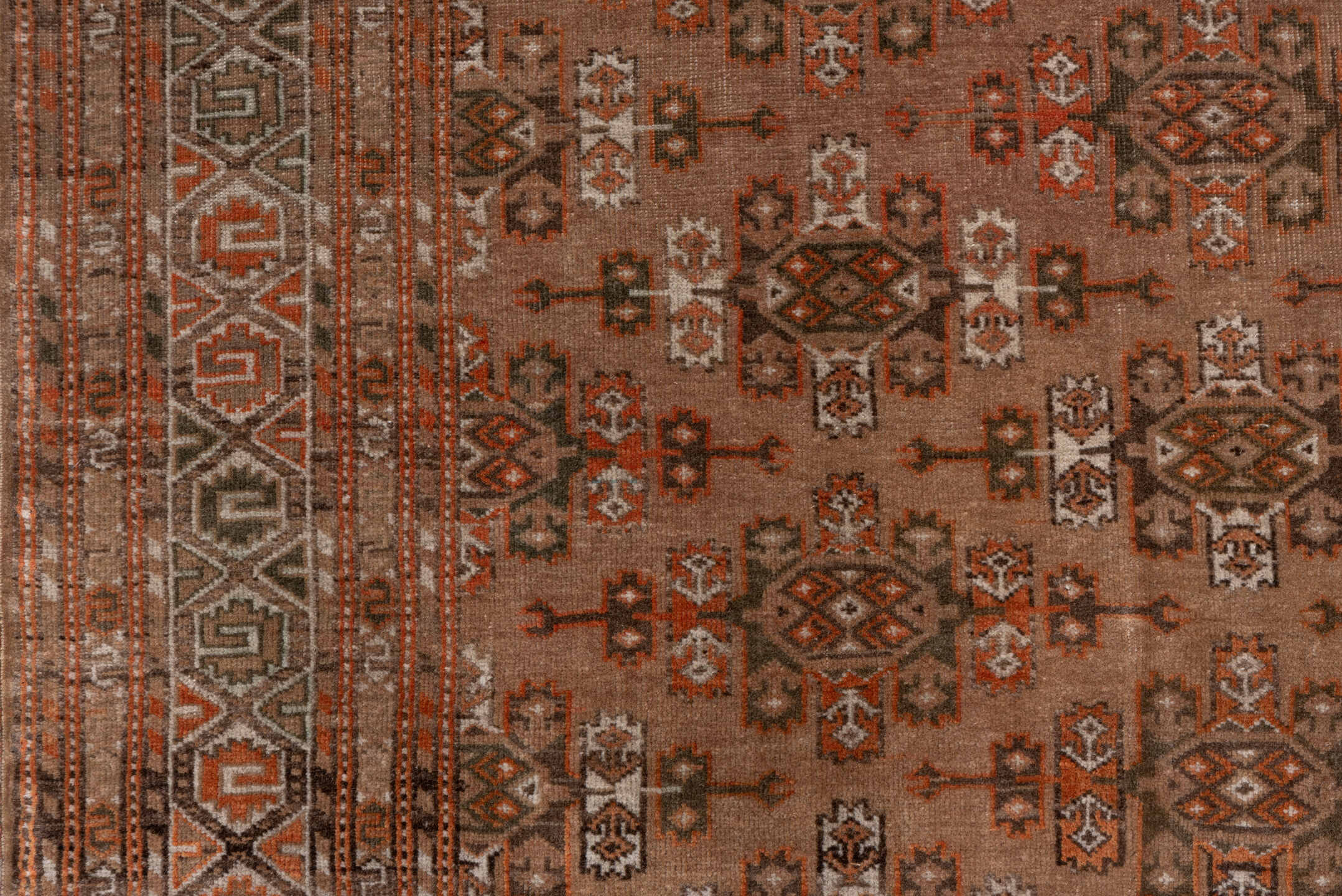 4' x 6' one-of-a-kind handmade antique Torkaman small size rug. Color palette: camel, brown, rust, ivory, taupe, beige