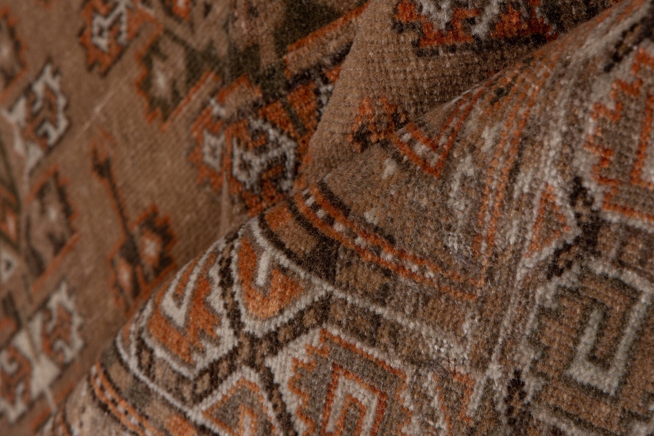 4' x 6' one-of-a-kind handmade antique Torkaman small size rug. Color palette: camel, brown, rust, ivory, taupe, beige