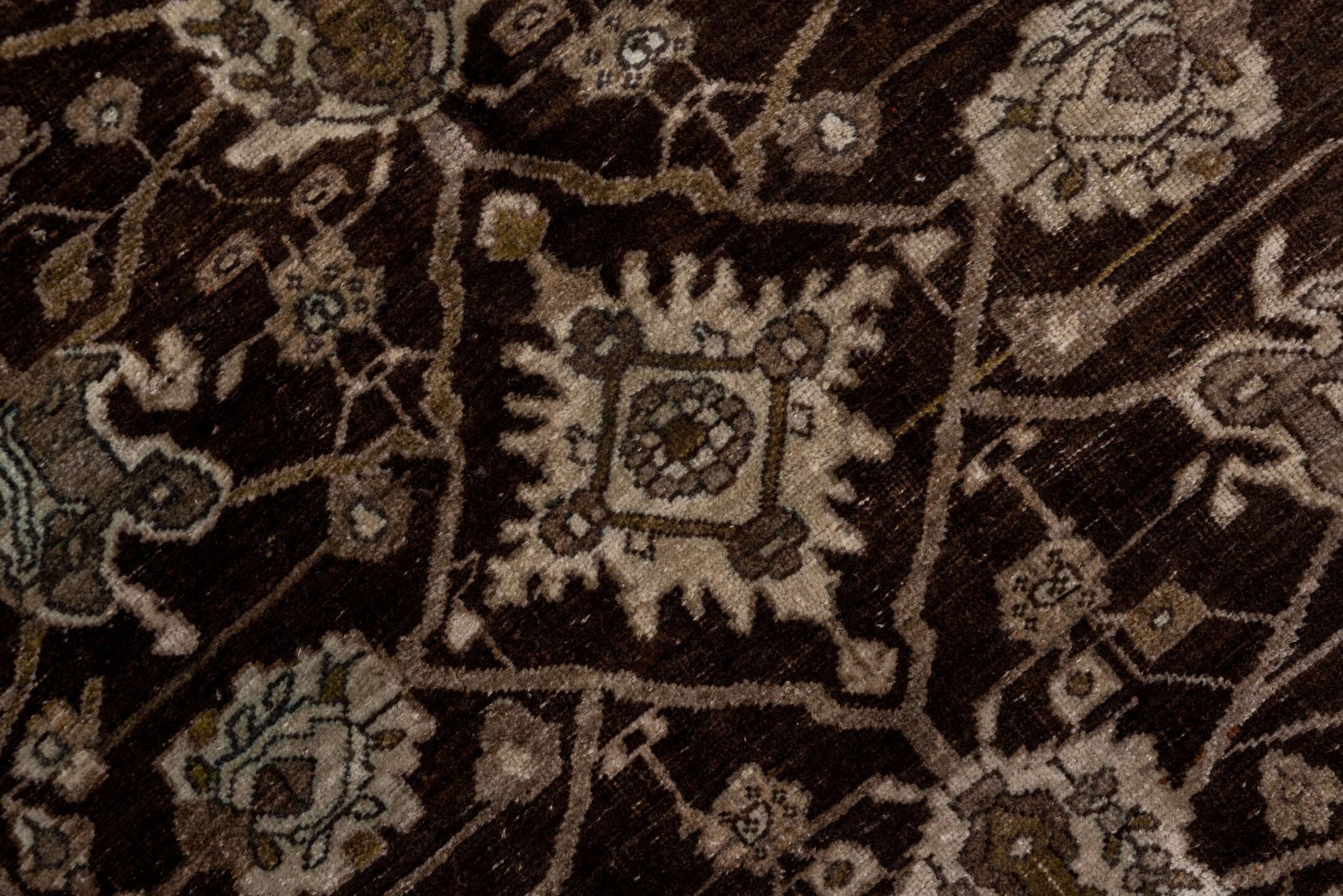4' x 10' one-of-a-kind handmade antique Bidjar runner rug. Color palette: brown, taupe, ivory, charcoal, olive, beige, gray