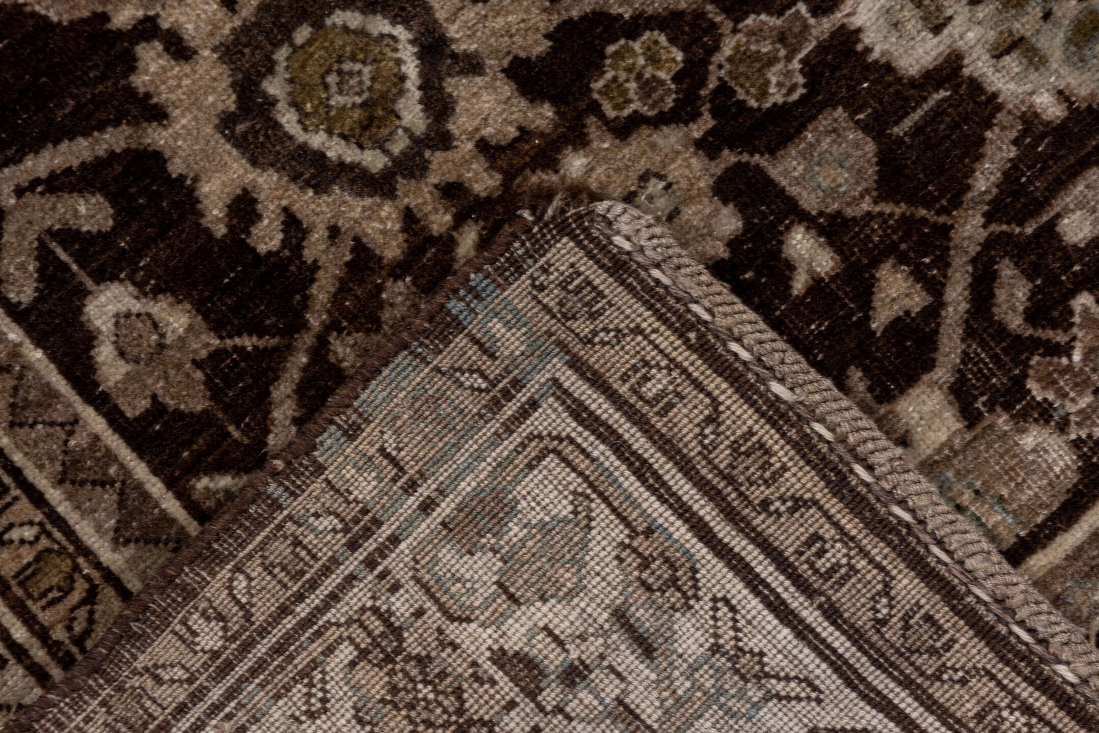 4' x 10' one-of-a-kind handmade vintage Bidjar runner rug. Color palette: brown, gray, light gray, off-white, pink, silver