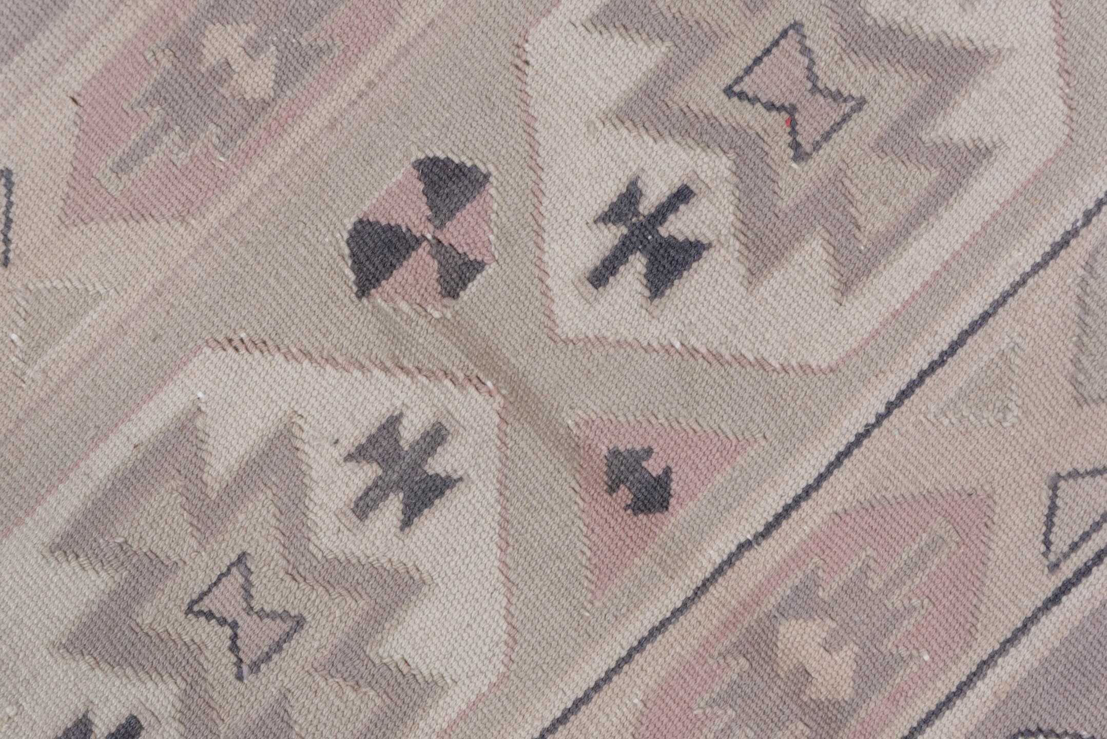 5' x 8' one-of-a-kind handmade antique Kilim medium size rug. Color palette: ivory, taupe, charcoal, blush, beige, soft pink