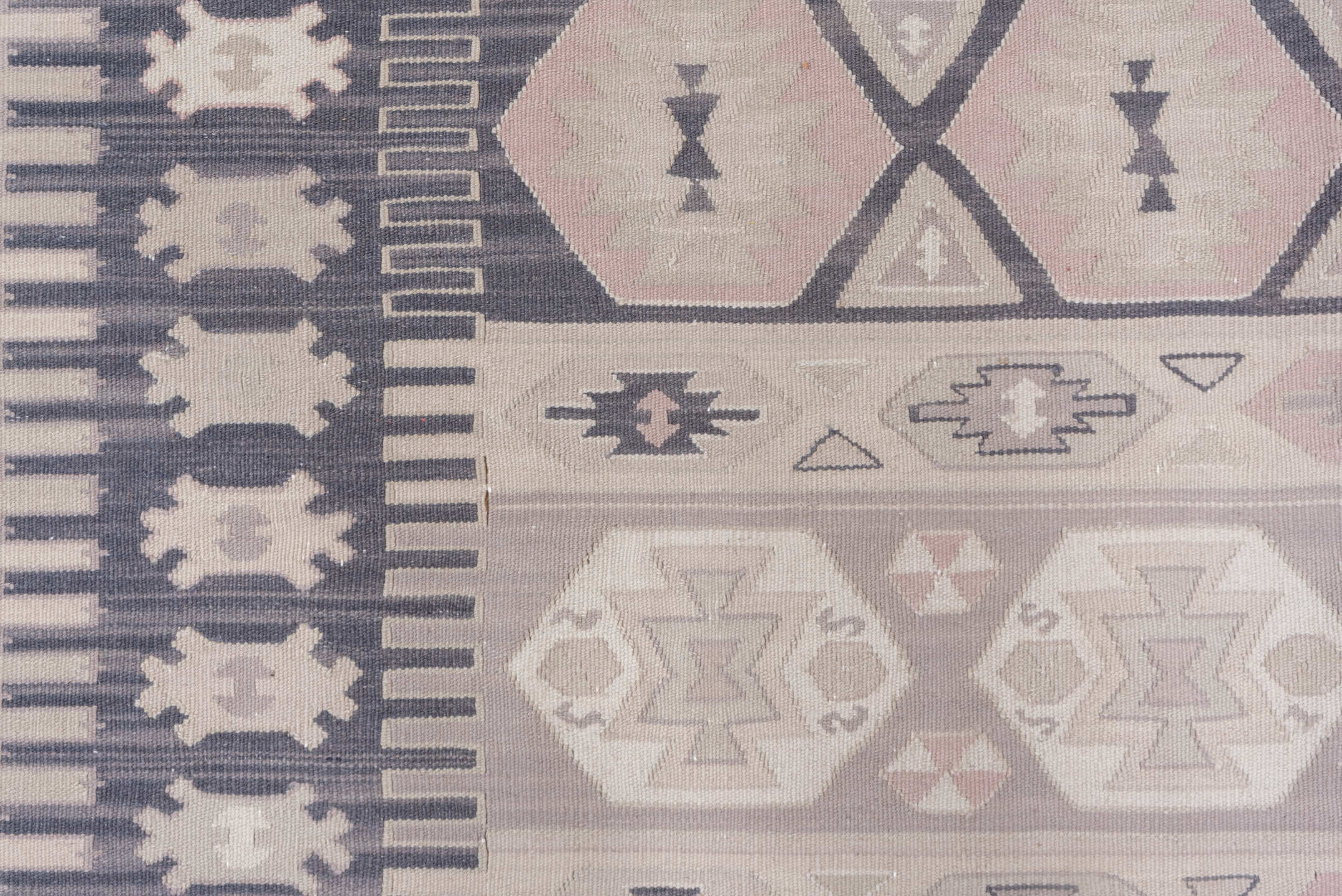5' x 8' one-of-a-kind handmade antique Kilim medium size rug. Color palette: ivory, taupe, charcoal, blush, beige, soft pink