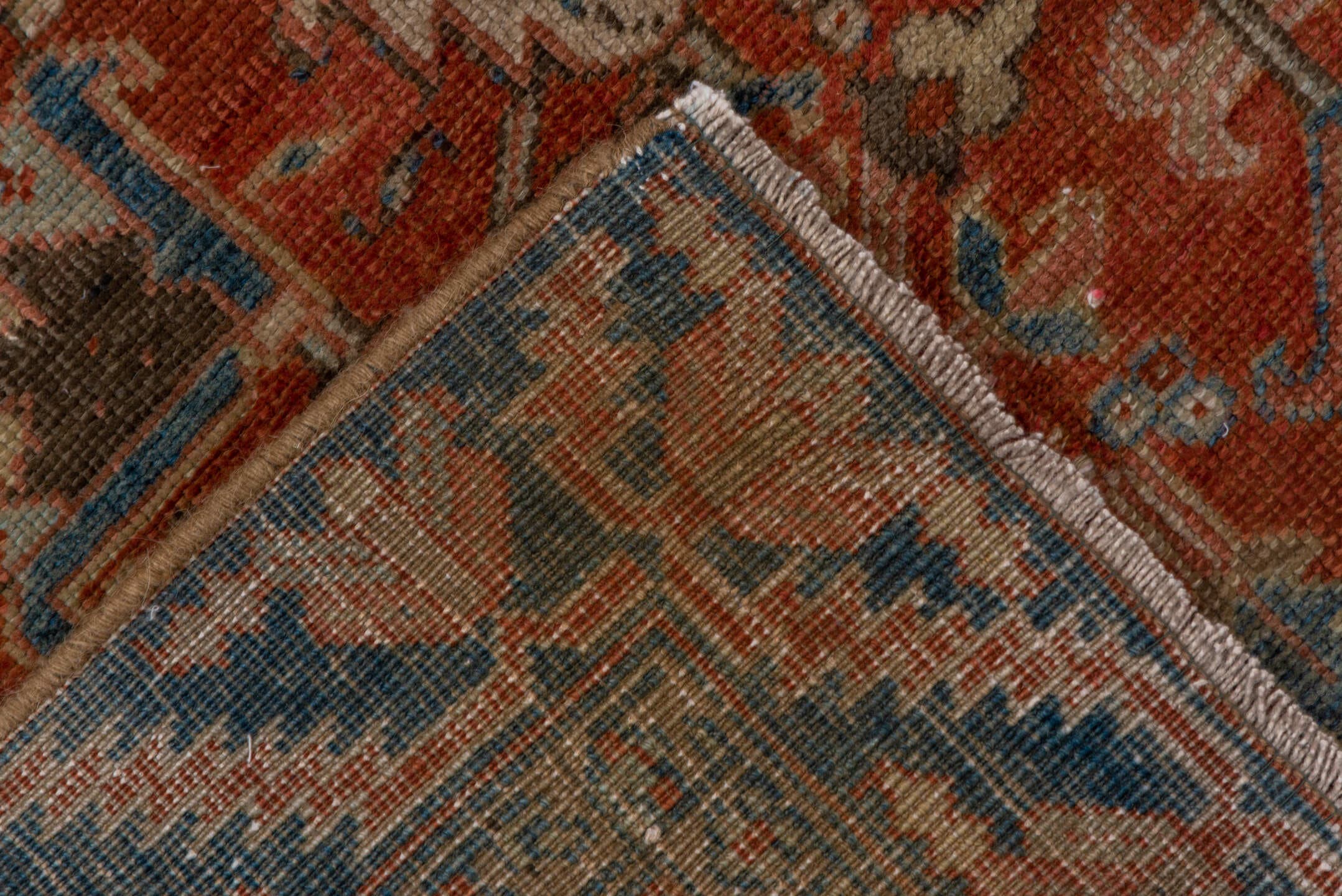3' x 7' one-of-a-kind handmade antique Heriz rug. Color palette: rust, sky blue, ivory, taupe, slate, camel, charcoal
