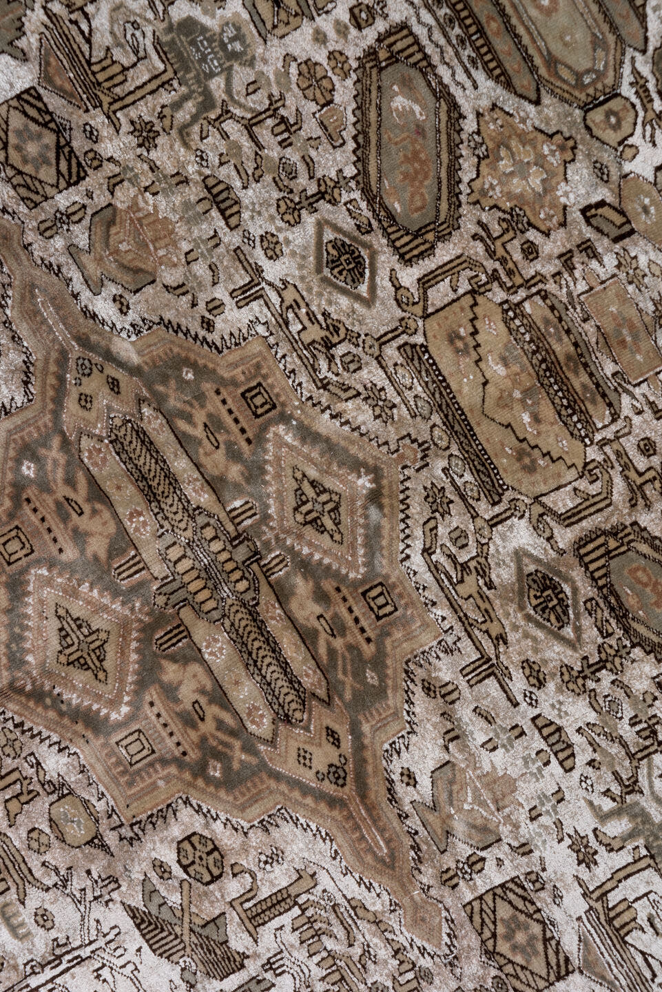 5' x 8' one-of-a-kind handmade antique Kaisary medium size rug. Color palette: taupe, ivory, brown, camel, beige, charcoal