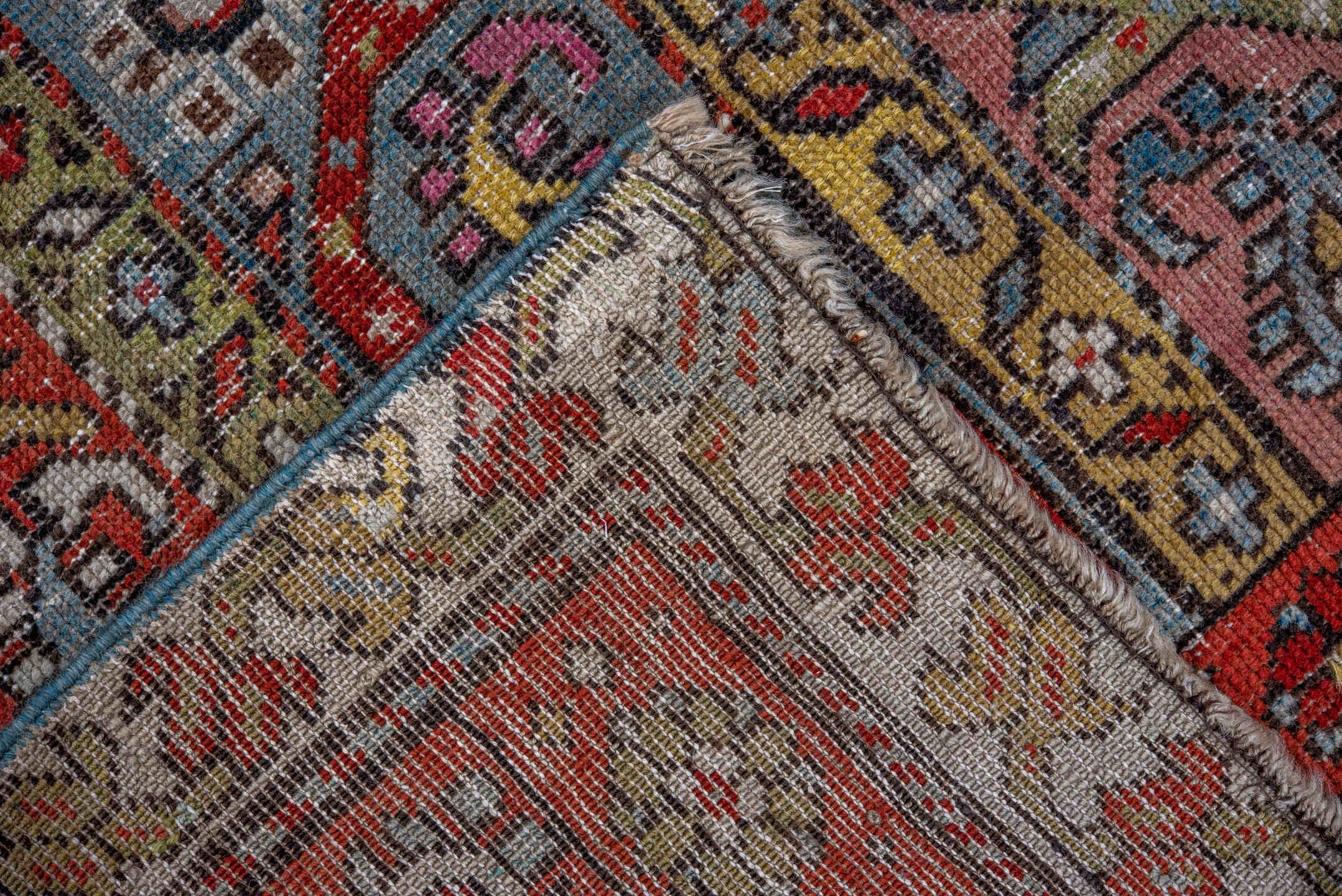 3' x 6' one-of-a-kind handmade antique Caucasian small size rug. Color palette: rust, ivory, camel, sky_blue, rose, slate