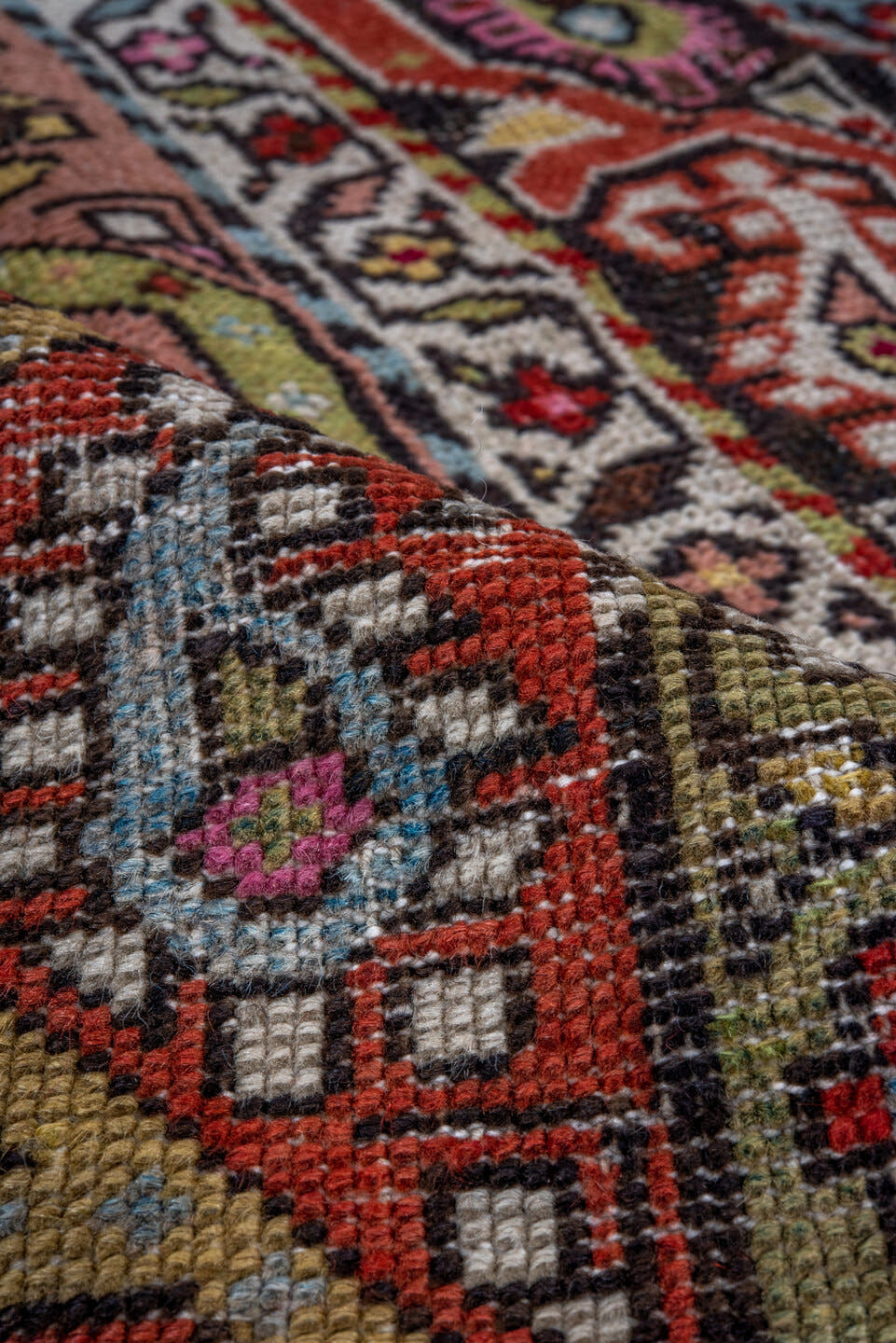 3' x 6' one-of-a-kind handmade antique Caucasian small size rug. Color palette: rust, ivory, camel, sky_blue, rose, slate