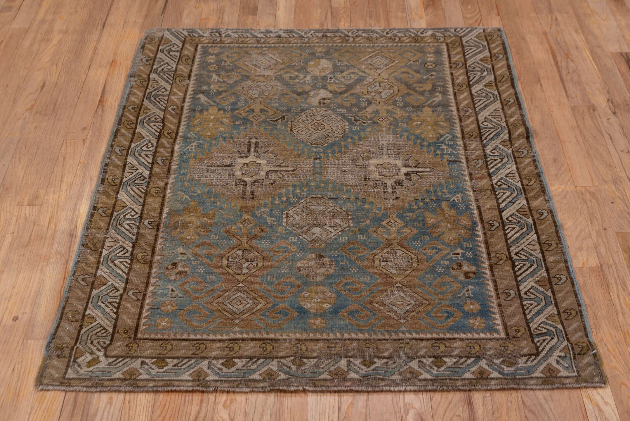 3' x 4' one-of-a-kind handmade antique Shirvan small size rug. Color palette: brown, blue, taupe, ivory, camel, slate, beige