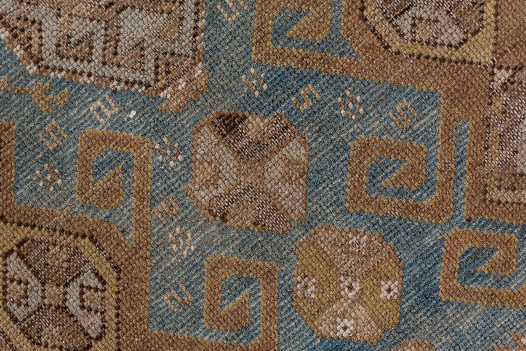 3' x 4' one-of-a-kind handmade antique Shirvan small size rug. Color palette: brown, blue, taupe, ivory, camel, slate, beige
