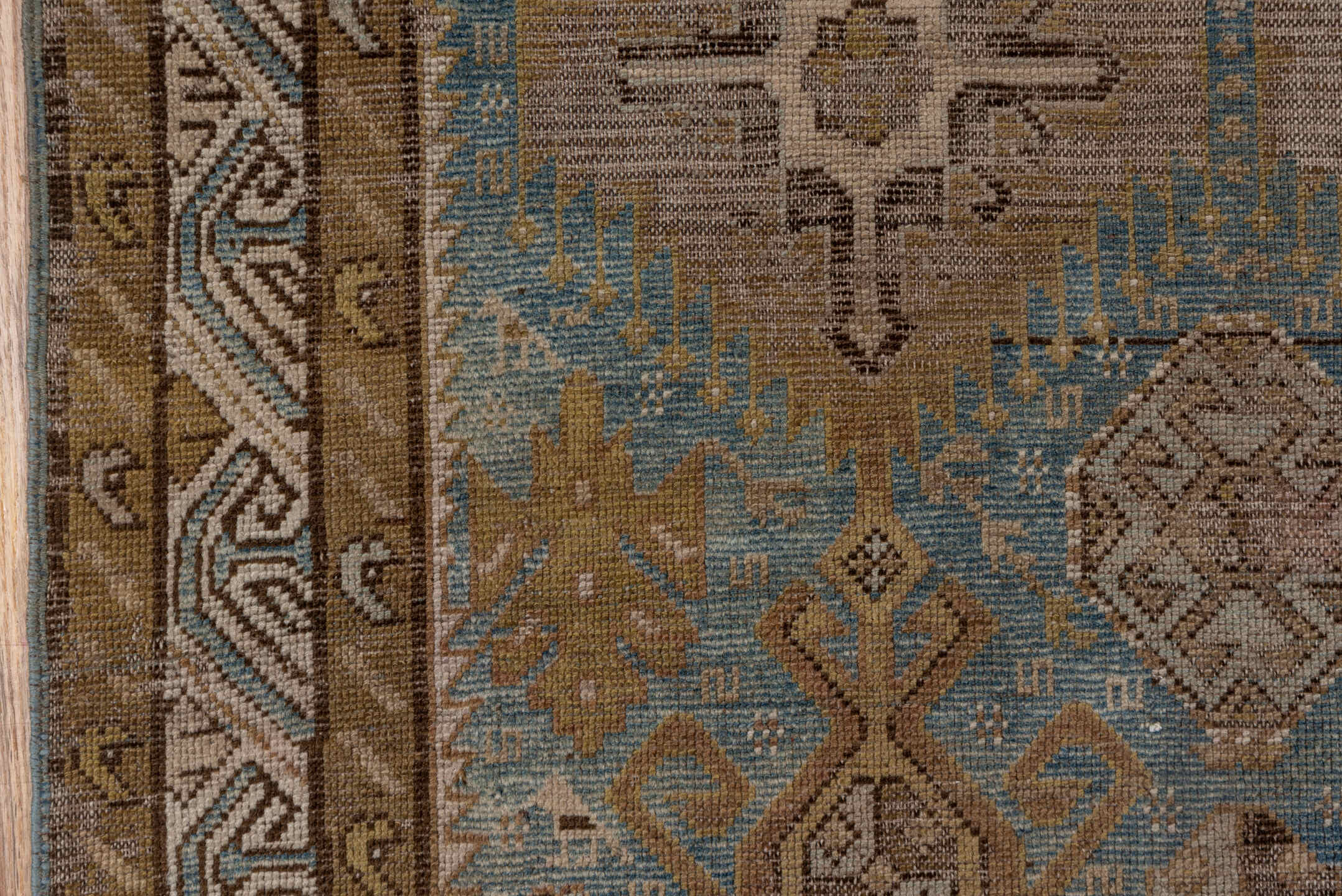 3' x 4' one-of-a-kind handmade antique Shirvan small size rug. Color palette: brown, blue, taupe, ivory, camel, slate, beige