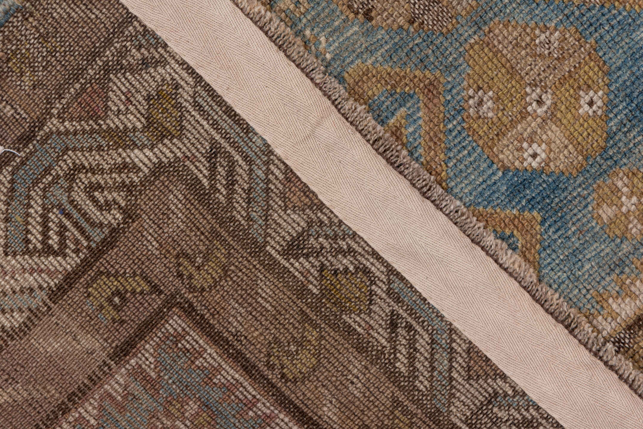 3' x 4' one-of-a-kind handmade antique Shirvan small size rug. Color palette: brown, blue, taupe, ivory, camel, slate, beige