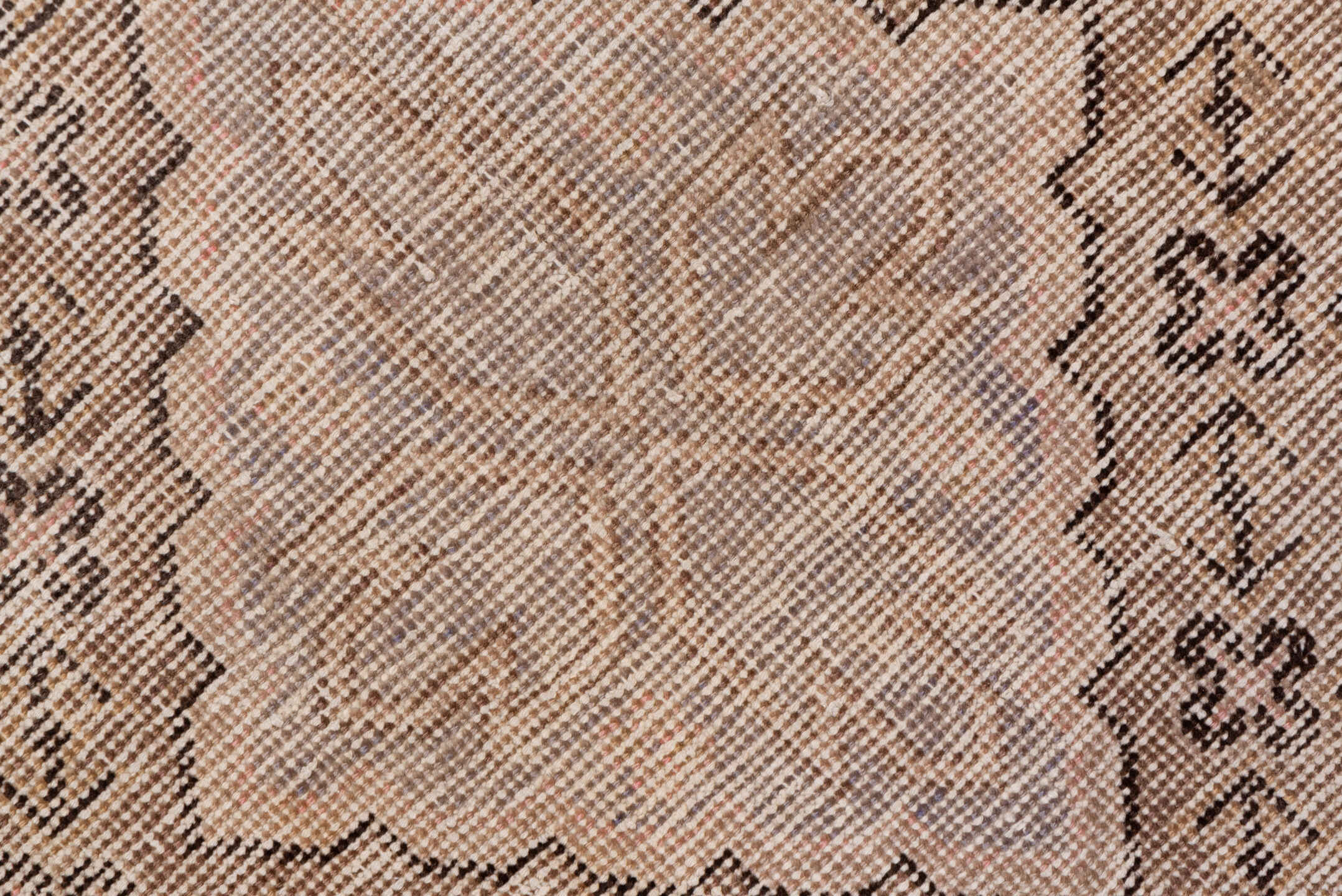 4' x 7' one-of-a-kind handmade vintage Khotan rug. Color palette: brown, gray, light gray, off-white, orange, pink, snow