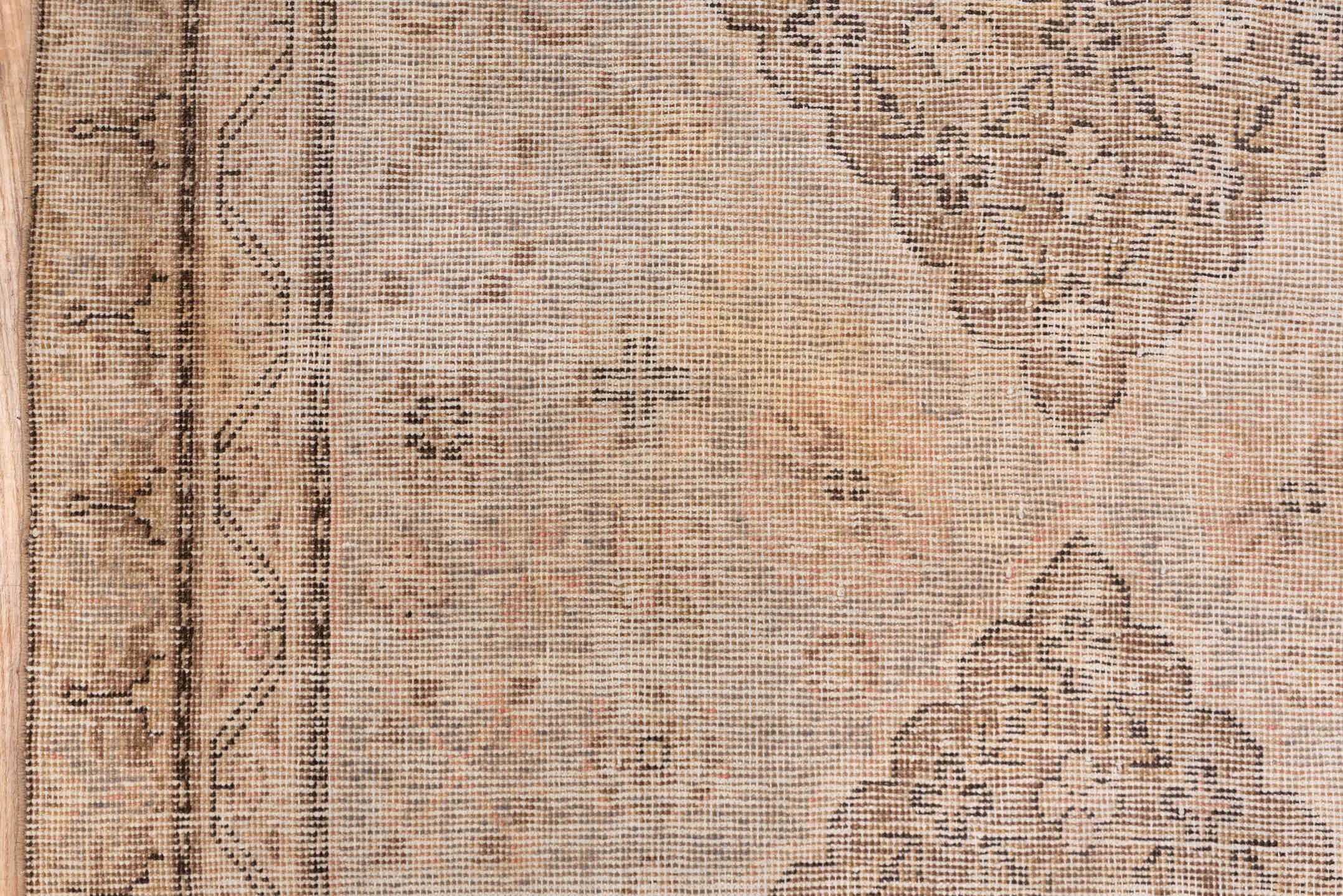 4' x 7' one-of-a-kind handmade vintage Khotan rug. Color palette: brown, gray, light gray, off-white, orange, pink, snow
