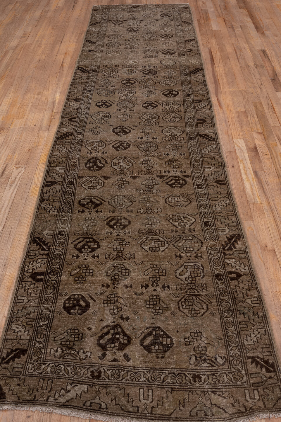 3' x 13' one-of-a-kind handmade vintage NW Persian runner rug. Color palette: brown, off-white, pink, snow, white