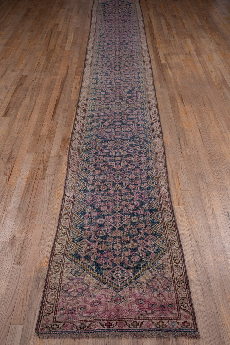 2' x 16' one-of-a-kind handmade vintage NW Persian runner rug. Color palette: brown, dim gray, gray, off-white, pink, snow