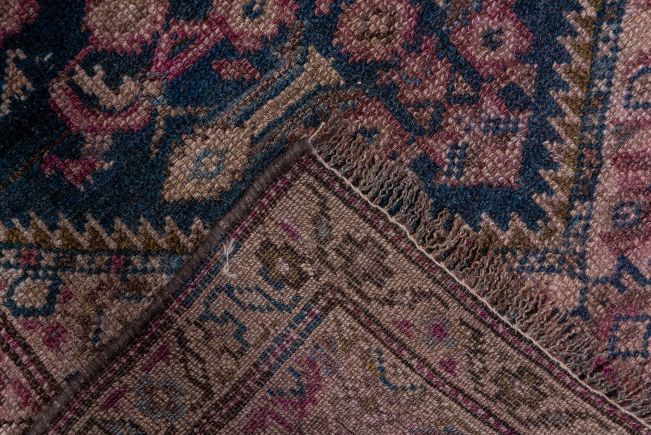 2' x 16' one-of-a-kind handmade vintage NW Persian runner rug. Color palette: brown, dim gray, gray, off-white, pink, snow