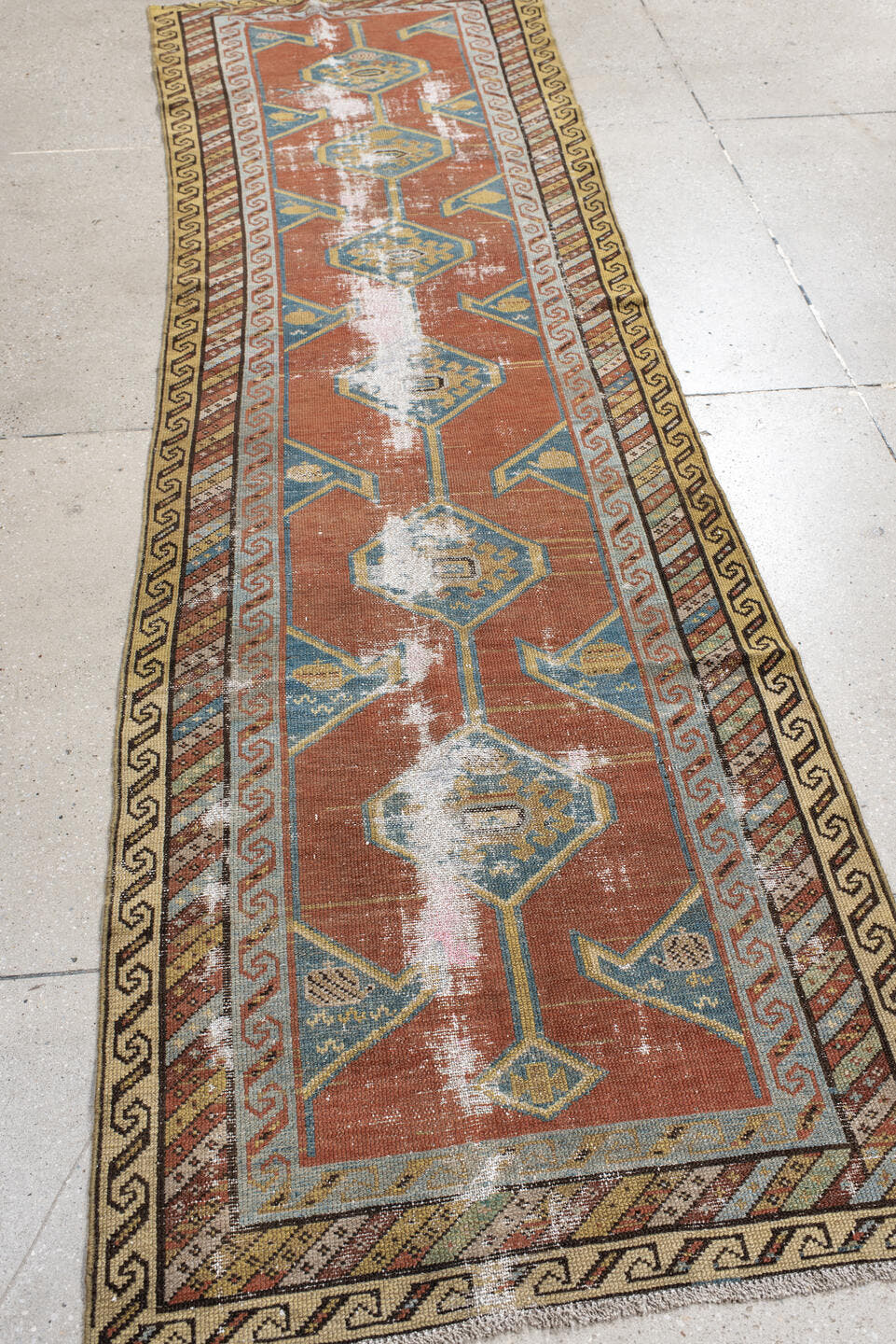 2' x 10' one-of-a-kind handmade antique NW Persian runner rug. Color palette: terra cotta, blue, ivory, camel, taupe, sage