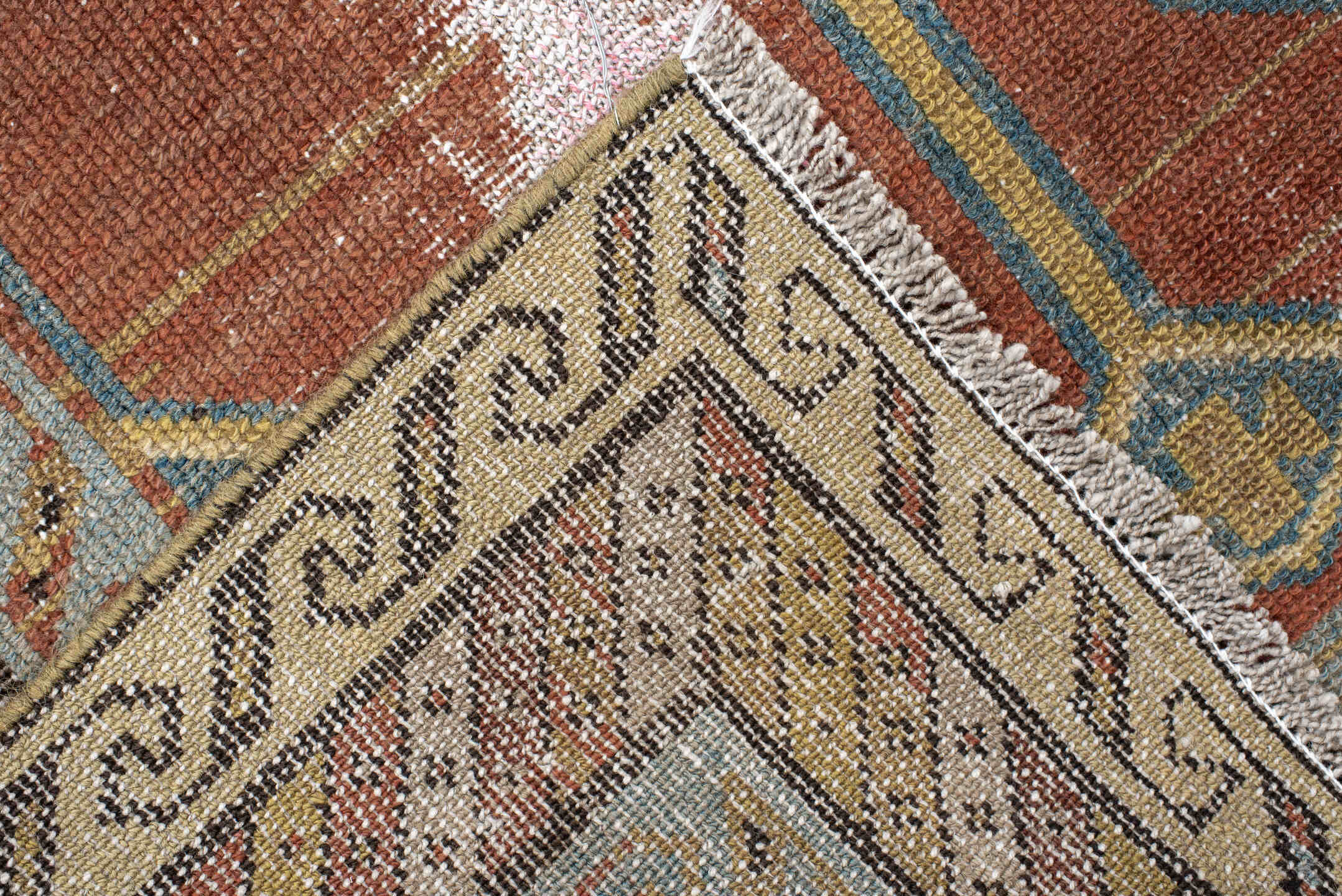 2' x 10' one-of-a-kind handmade antique NW Persian runner rug. Color palette: terra cotta, blue, ivory, camel, taupe, sage