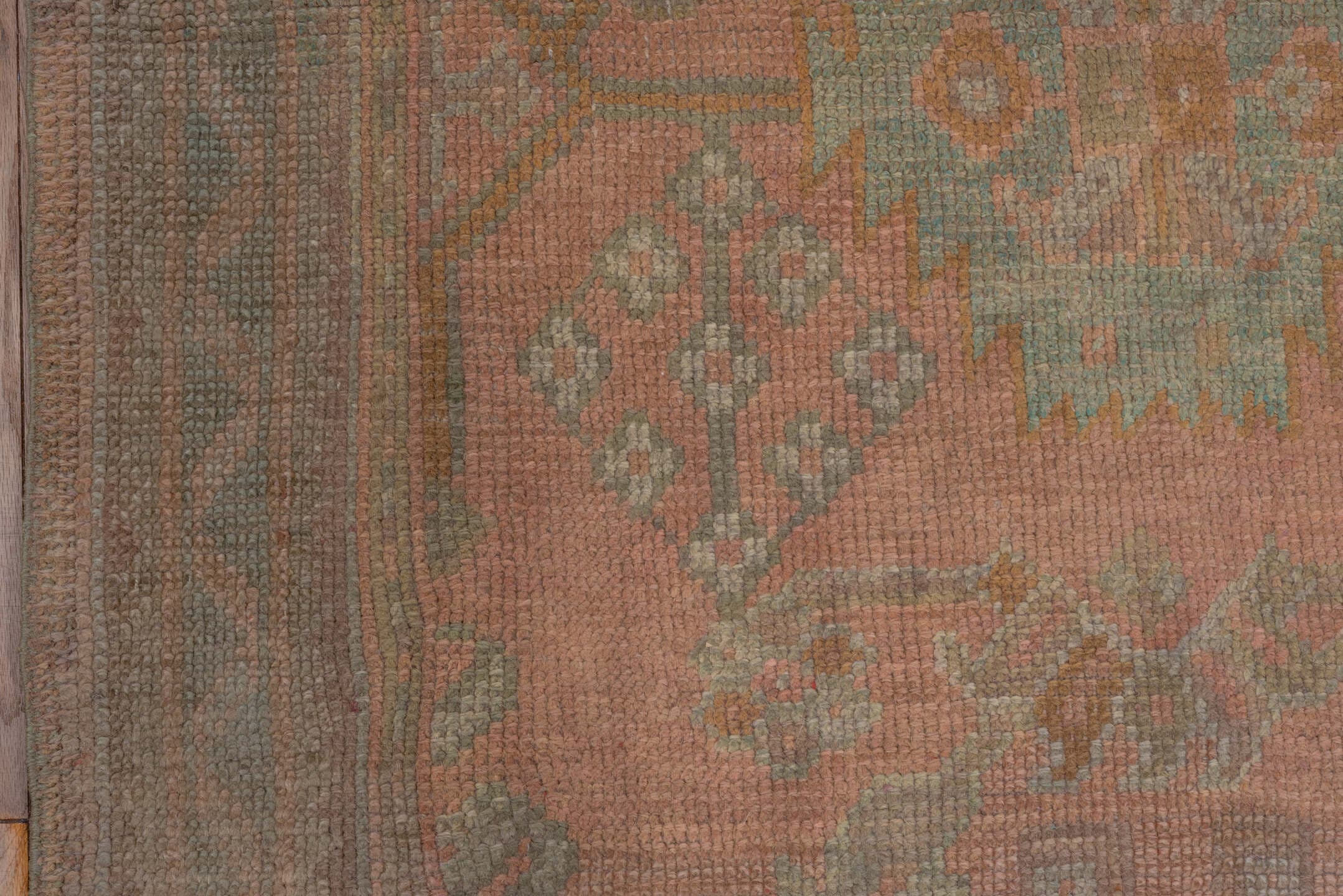 3' x 6' one-of-a-kind handmade antique Oushak small size rug. Color palette: rose, taupe, sage, ivory, ochre, terra cotta