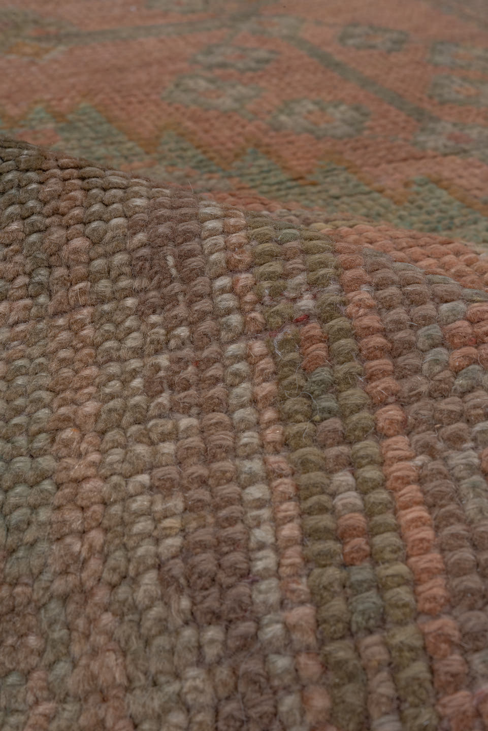 3' x 6' one-of-a-kind handmade antique Oushak small size rug. Color palette: rose, taupe, sage, ivory, ochre, terra cotta