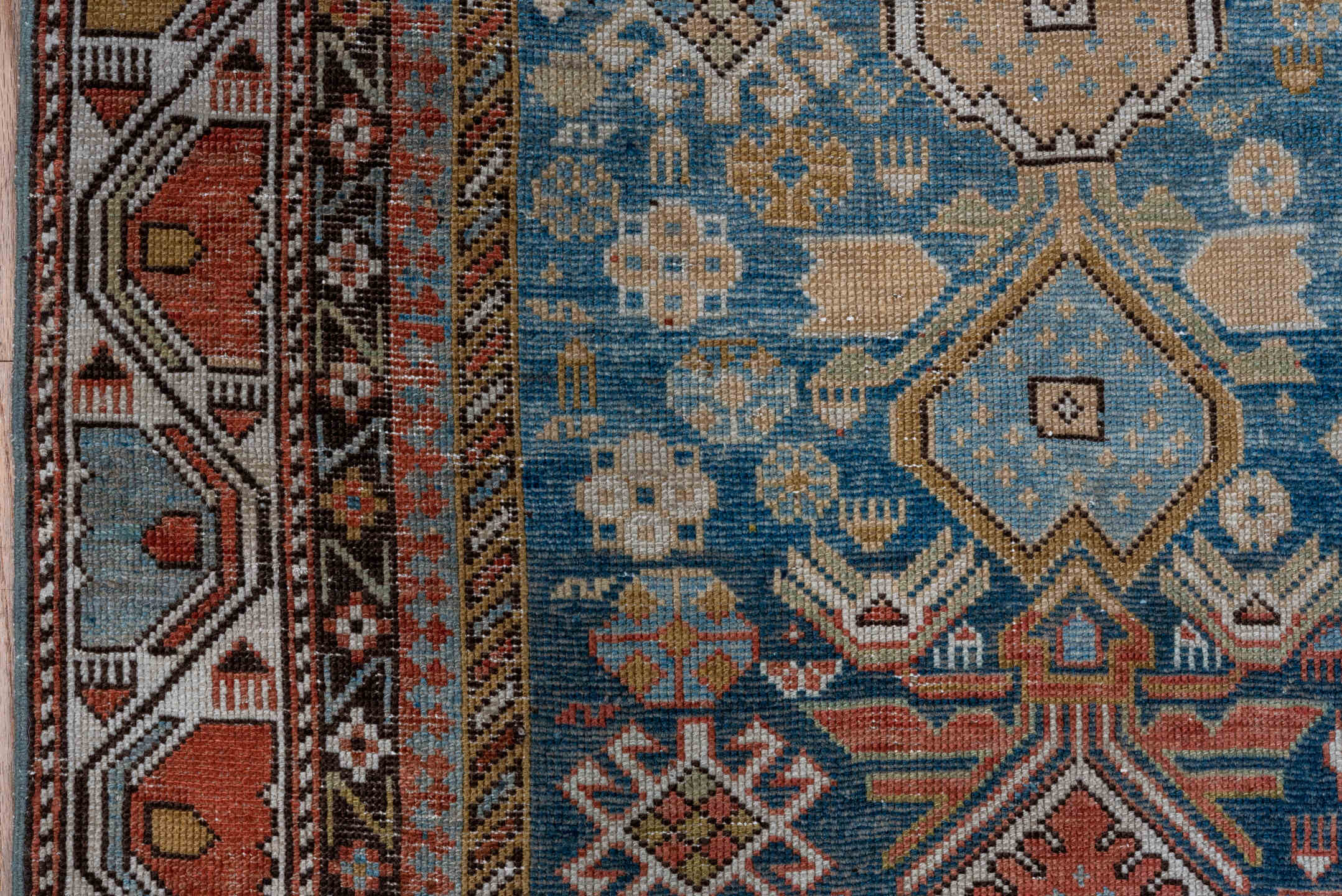 4' x 4' one-of-a-kind handmade antique Shirvan small size rug. Color palette: light blue, ivory, rust, brown, camel, navy