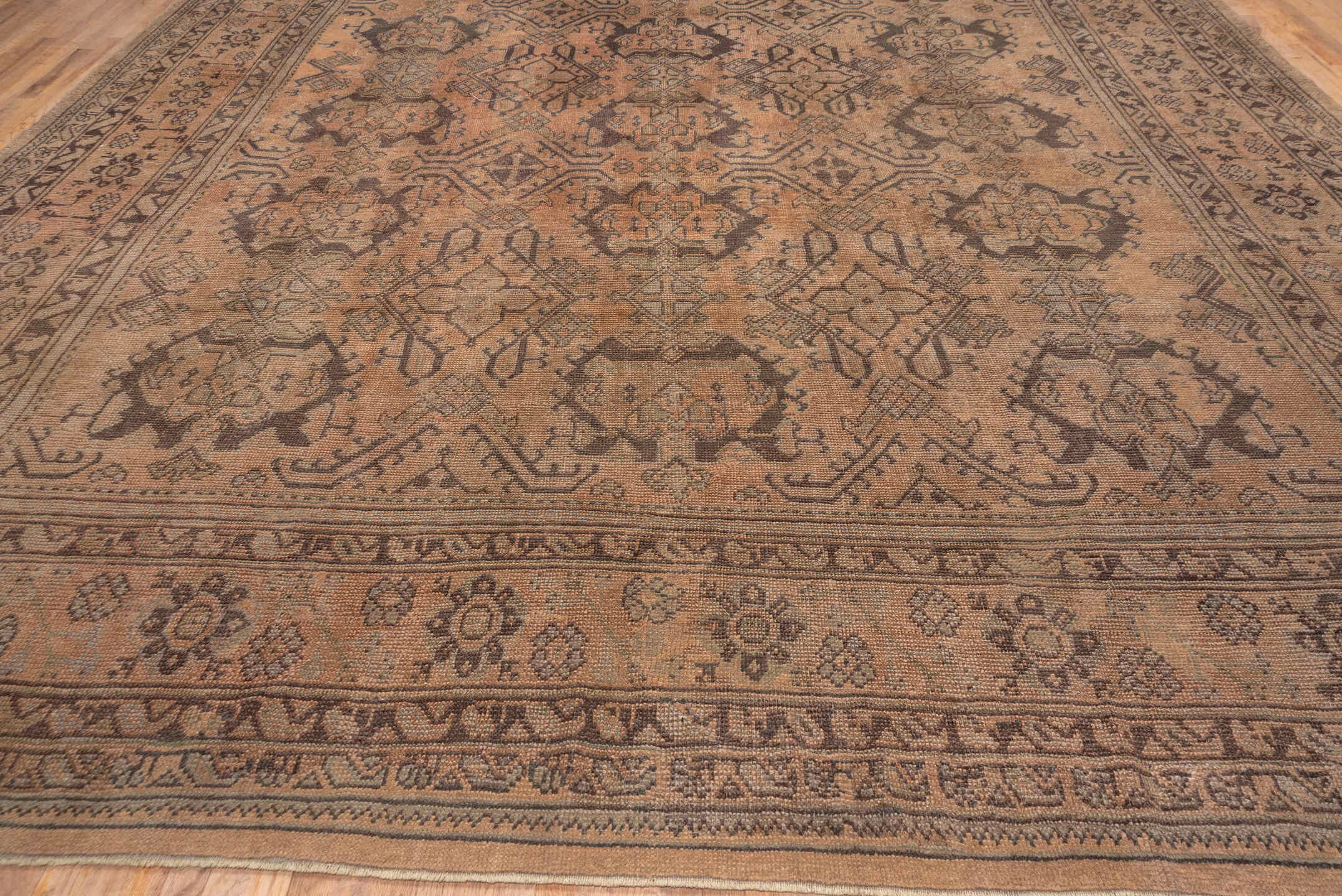 13' x 17' one-of-a-kind handmade antique Oushak oversize rug. Color palette: taupe, blush, brown, camel, rose, charcoal