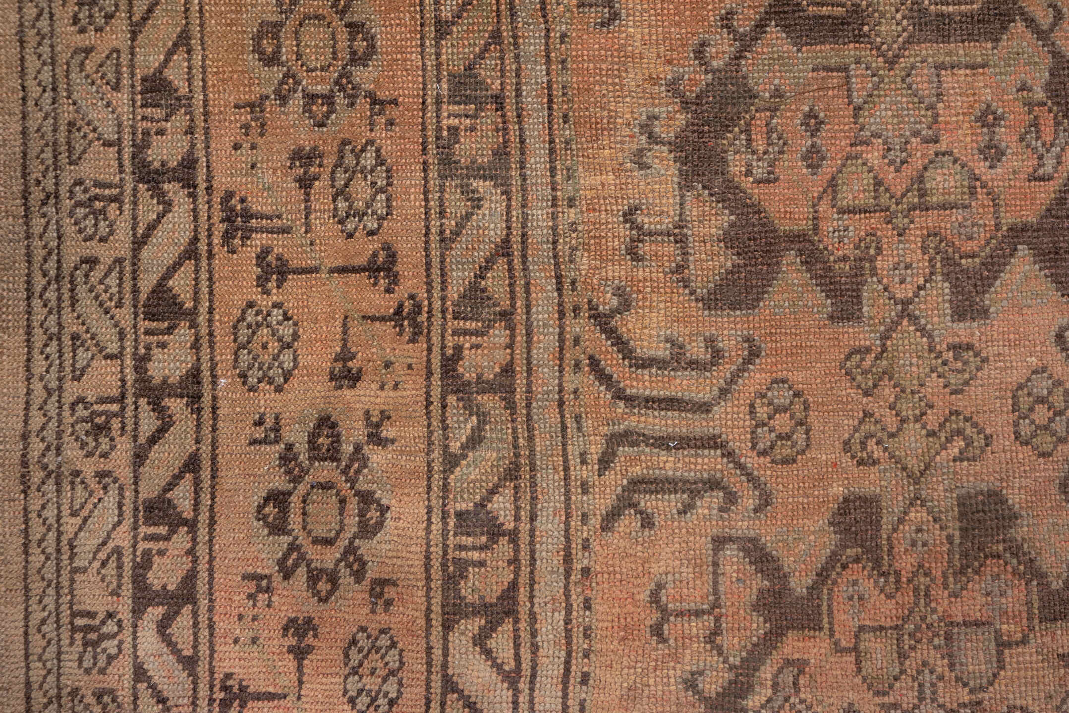 13' x 17' one-of-a-kind handmade vintage Oushak oversize rug. Color palette: brown, pink, redwood