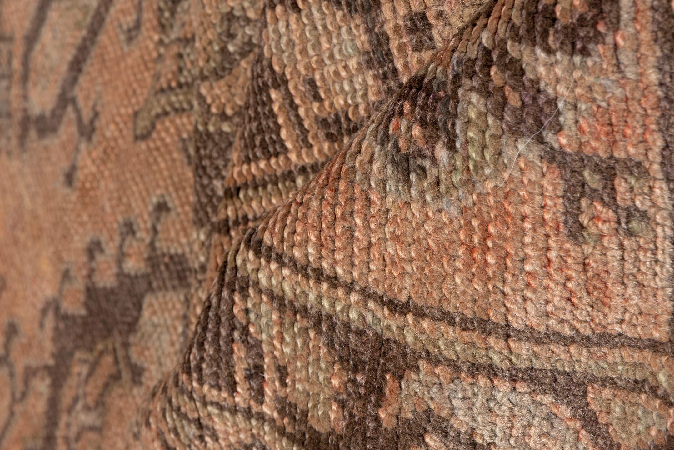 13' x 17' one-of-a-kind handmade antique Oushak oversize rug. Color palette: taupe, blush, brown, camel, rose, charcoal