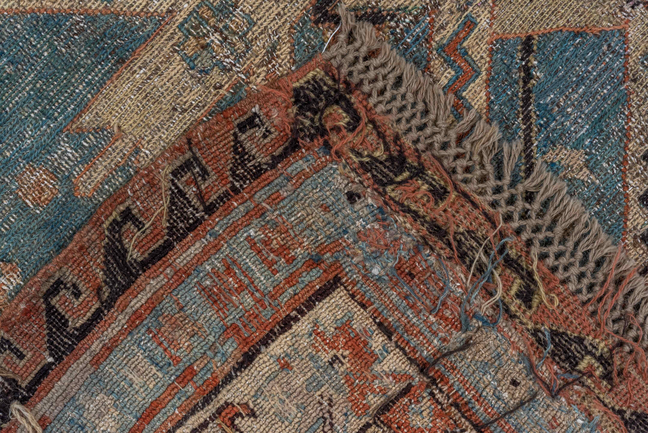 5' x 10' one-of-a-kind handmade antique Sumak medium size rug. Color palette: sky blue, ivory, rust, slate, camel, charcoal