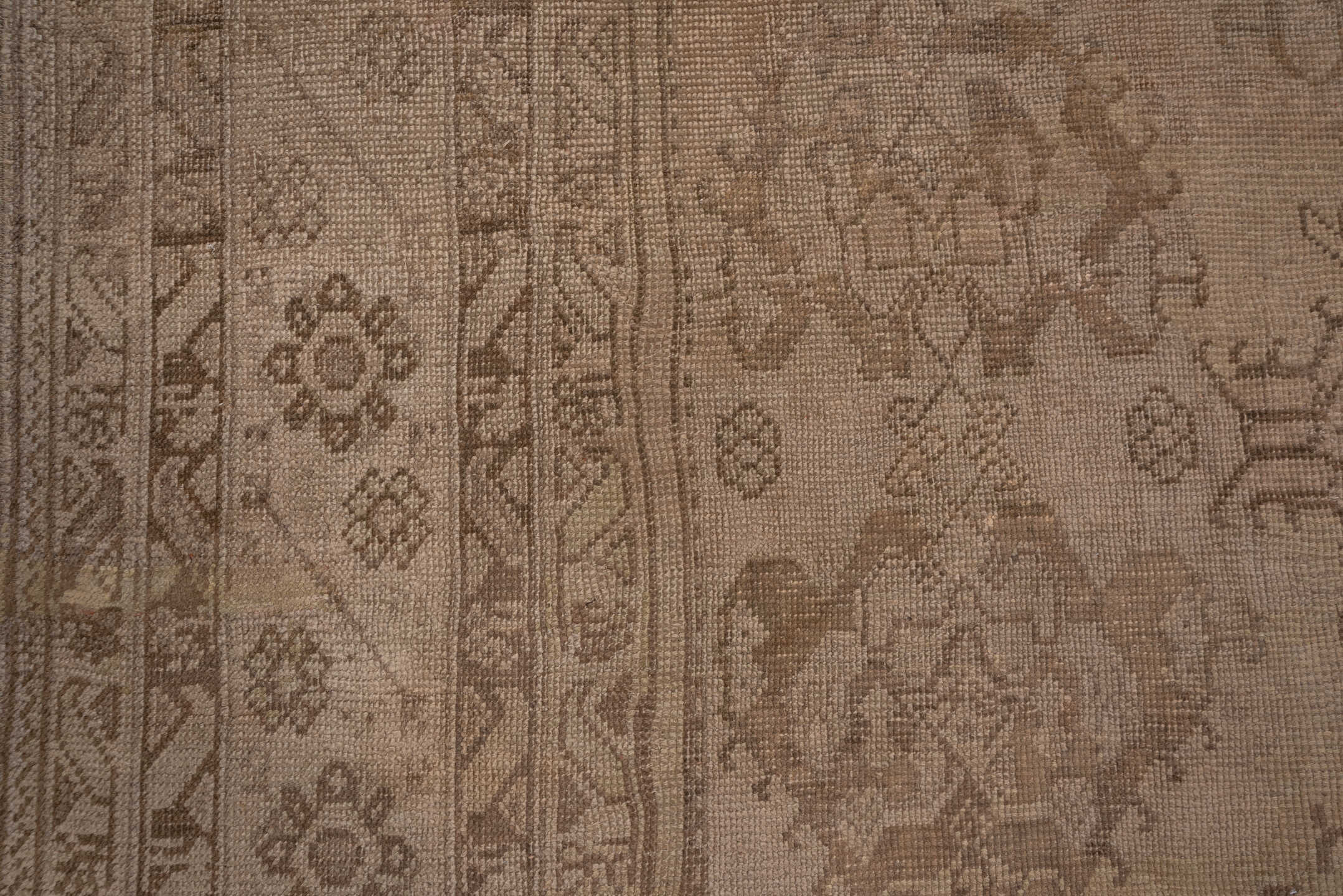 13' x 17' one-of-a-kind handmade antique Oushak oversize rug. Color palette: taupe, beige, camel, brown, ivory, gray