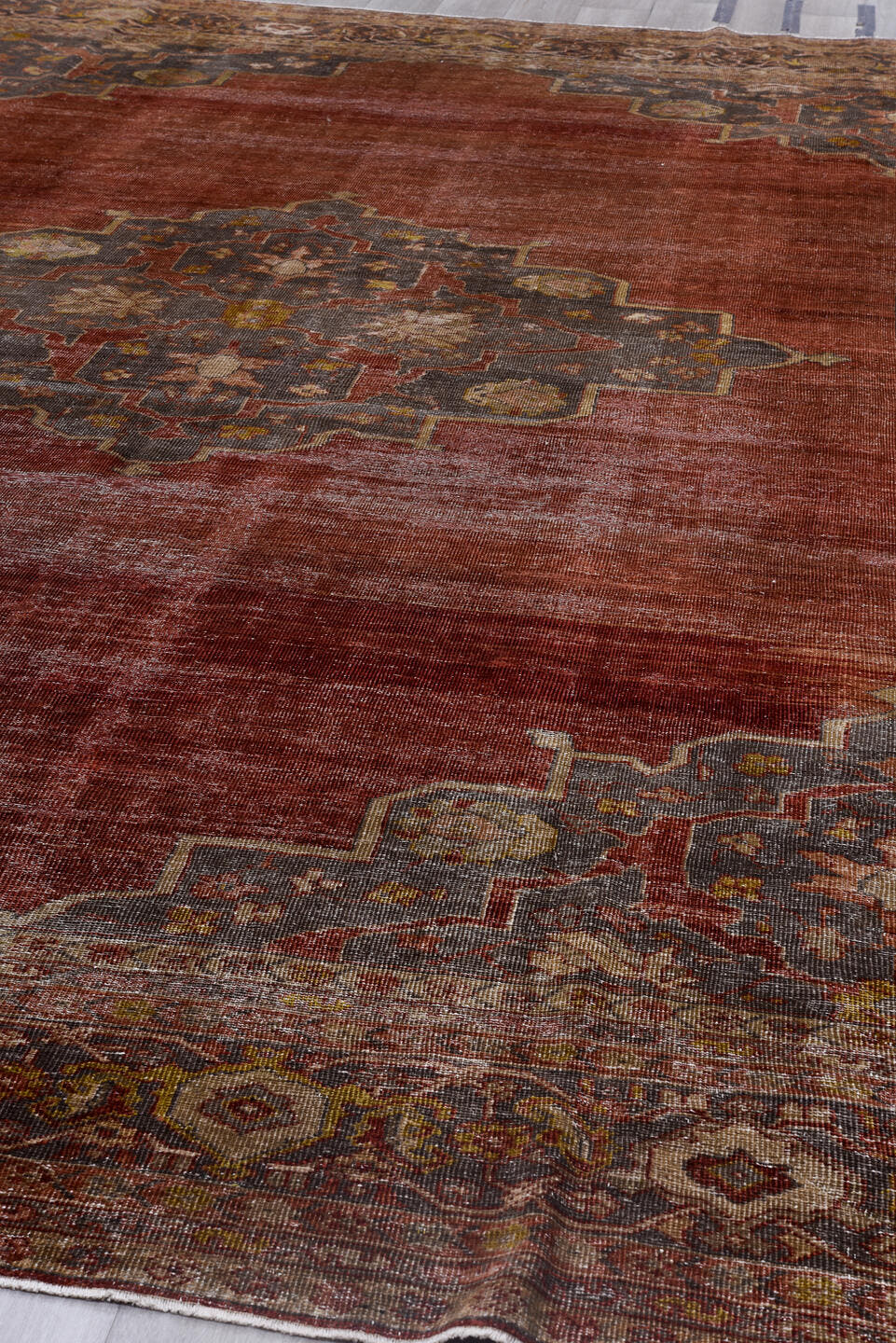 10' x 14' one-of-a-kind handmade antique Mahal large size rug. Color palette: terra cotta, slate, taupe, ivory, rust