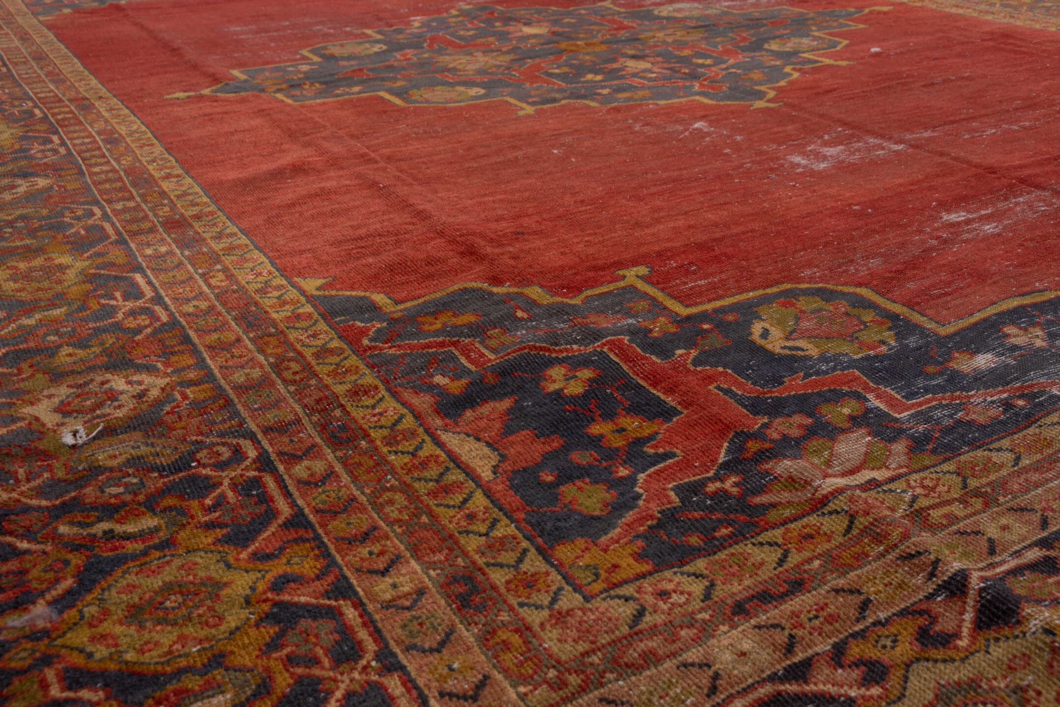 10' x 14' one-of-a-kind handmade antique Mahal large size rug. Color palette: terra cotta, slate, taupe, ivory, rust