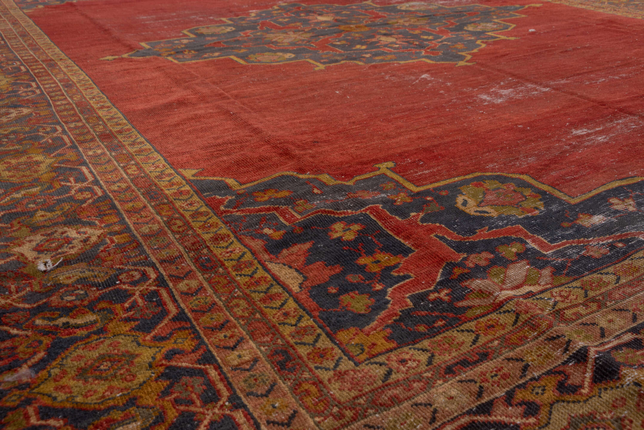 10' x 14' one-of-a-kind handmade antique Mahal large size rug. Color palette: terra cotta, slate, taupe, ivory, rust