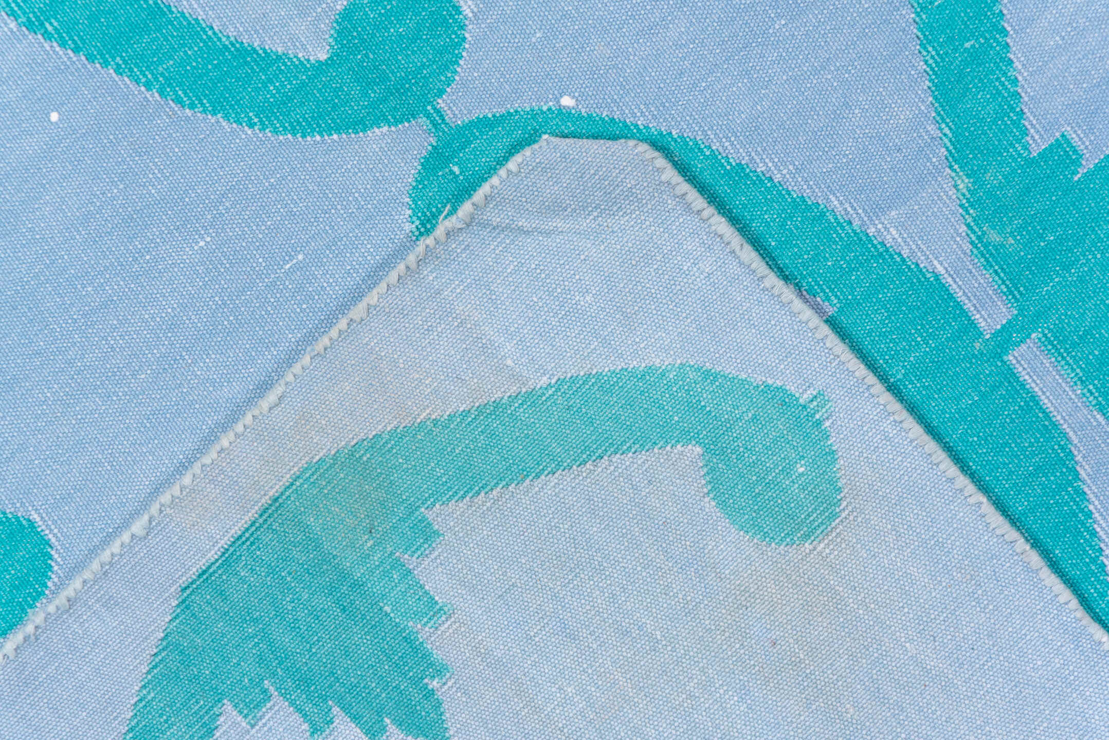 7' x 10' one-of-a-kind handmade vintage Dhurrie large size rug. Color palette: pale blue, turquoise, aqua, light blue, teal