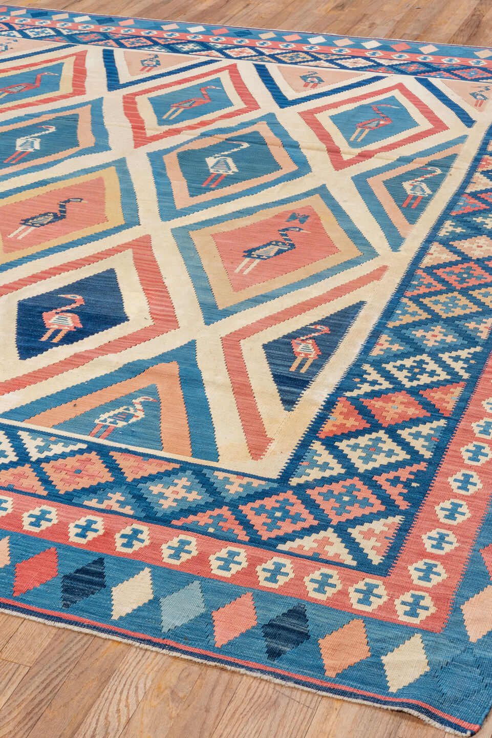 10' x 10' one-of-a-kind handmade vintage Kilim large size rug. Color palette: blue, brown, dark gray, gray, light gray