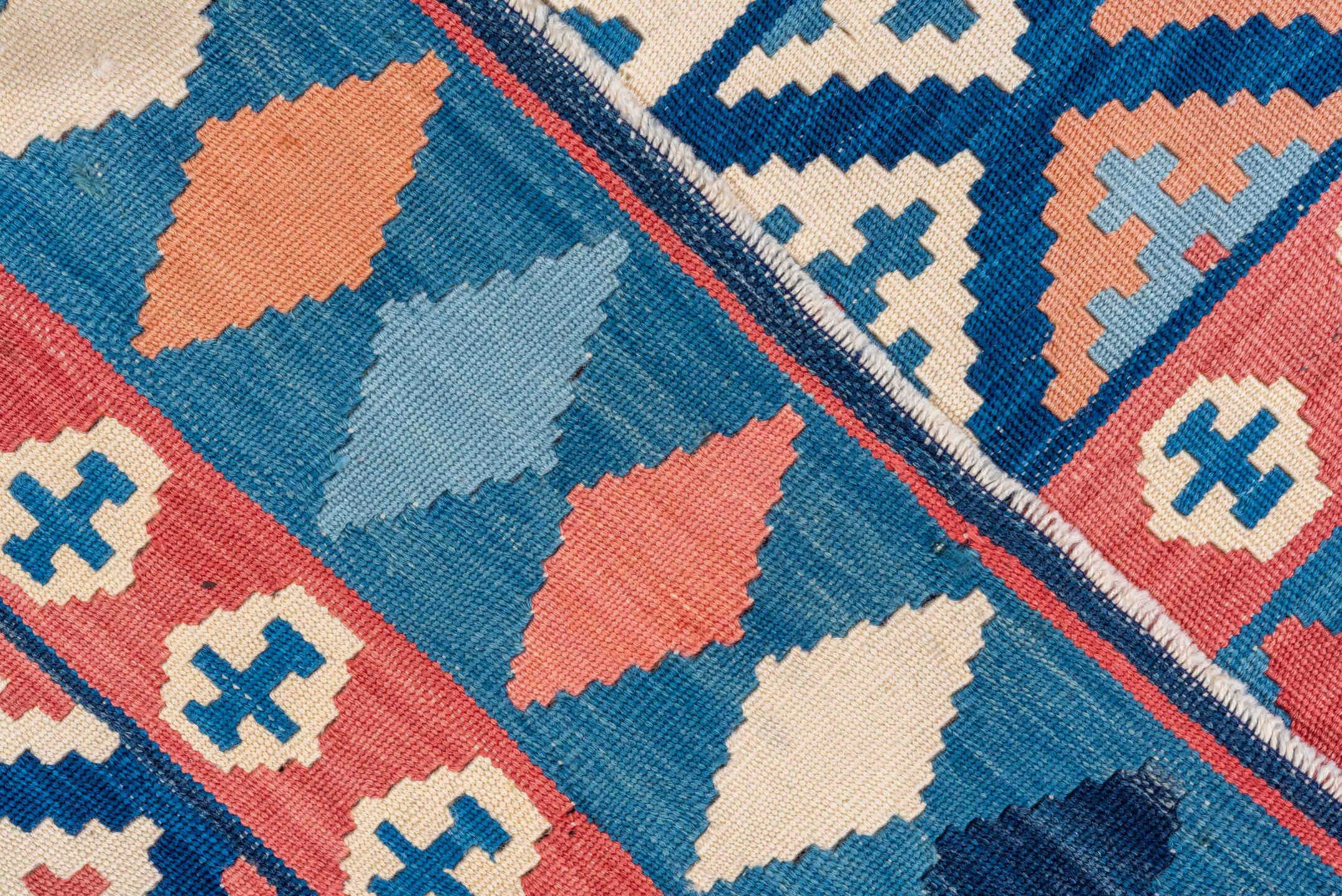 10' x 10' one-of-a-kind handmade vintage Kilim large size rug. Color palette: blue, brown, dark gray, gray, light gray