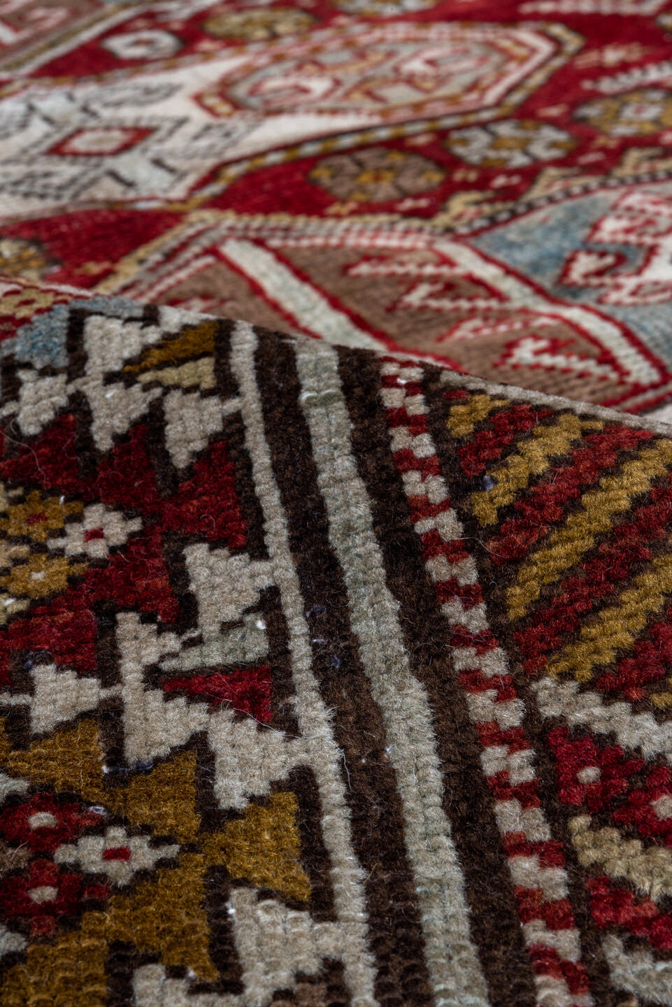 4' x 6' one-of-a-kind handmade antique Shirvan small size rug. Color palette: rust, ivory, burgundy, camel, taupe, gold