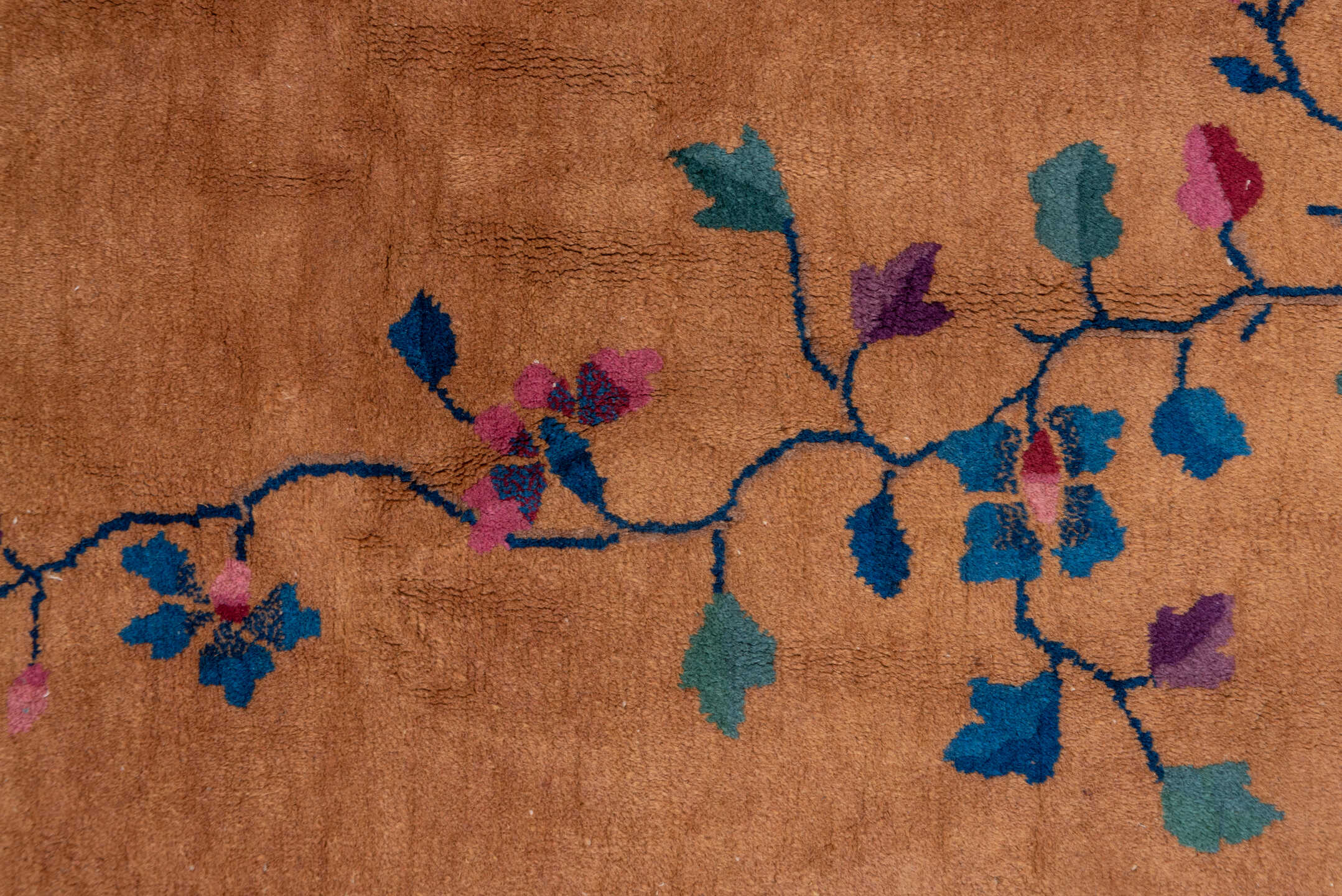 12' x 15' one-of-a-kind handmade antique Chinese oversize rug. Color palette: camel, cobalt, tan, rose, teal, violet
